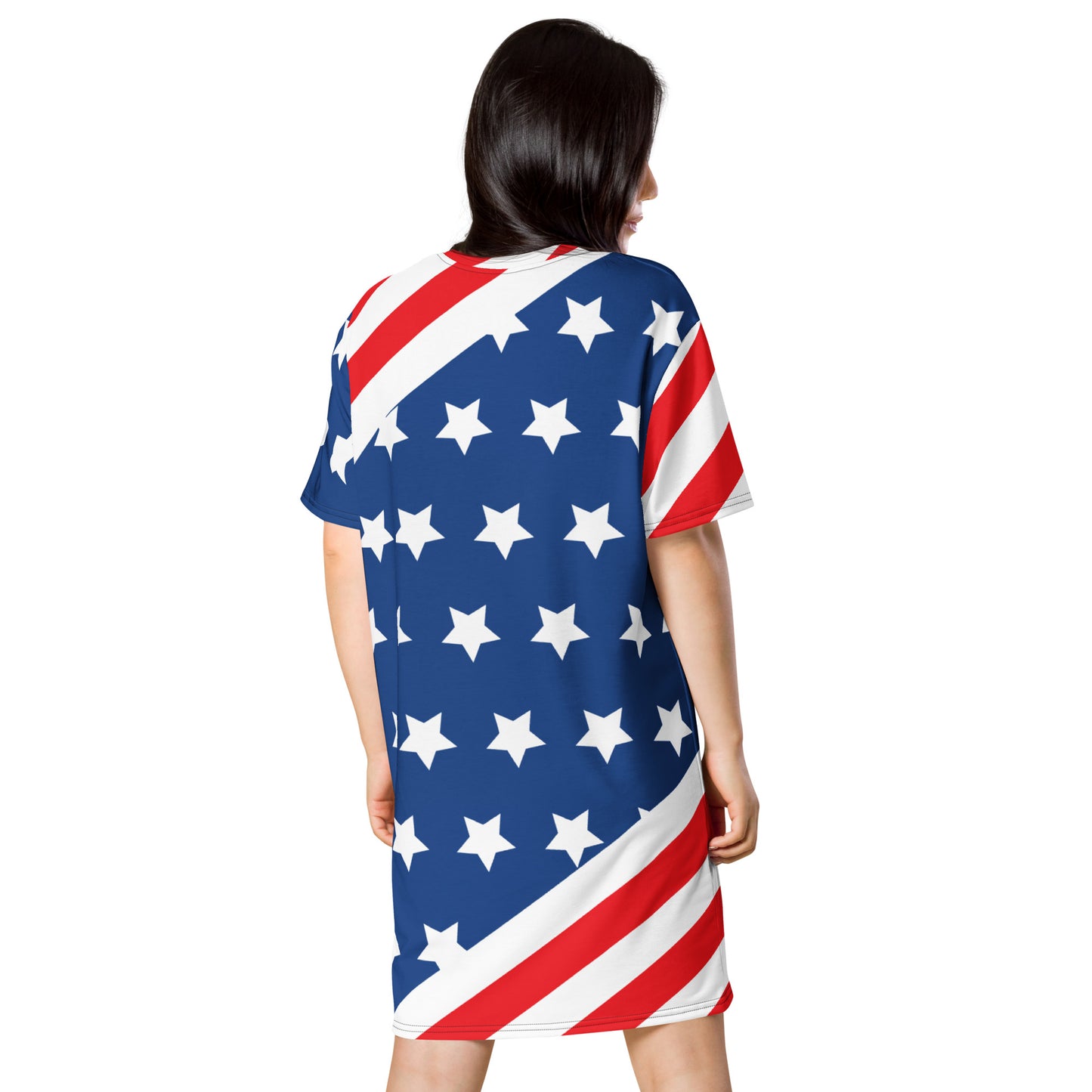 Rear view of women's USA flag T-shirt dress with stars and diagonal stripes