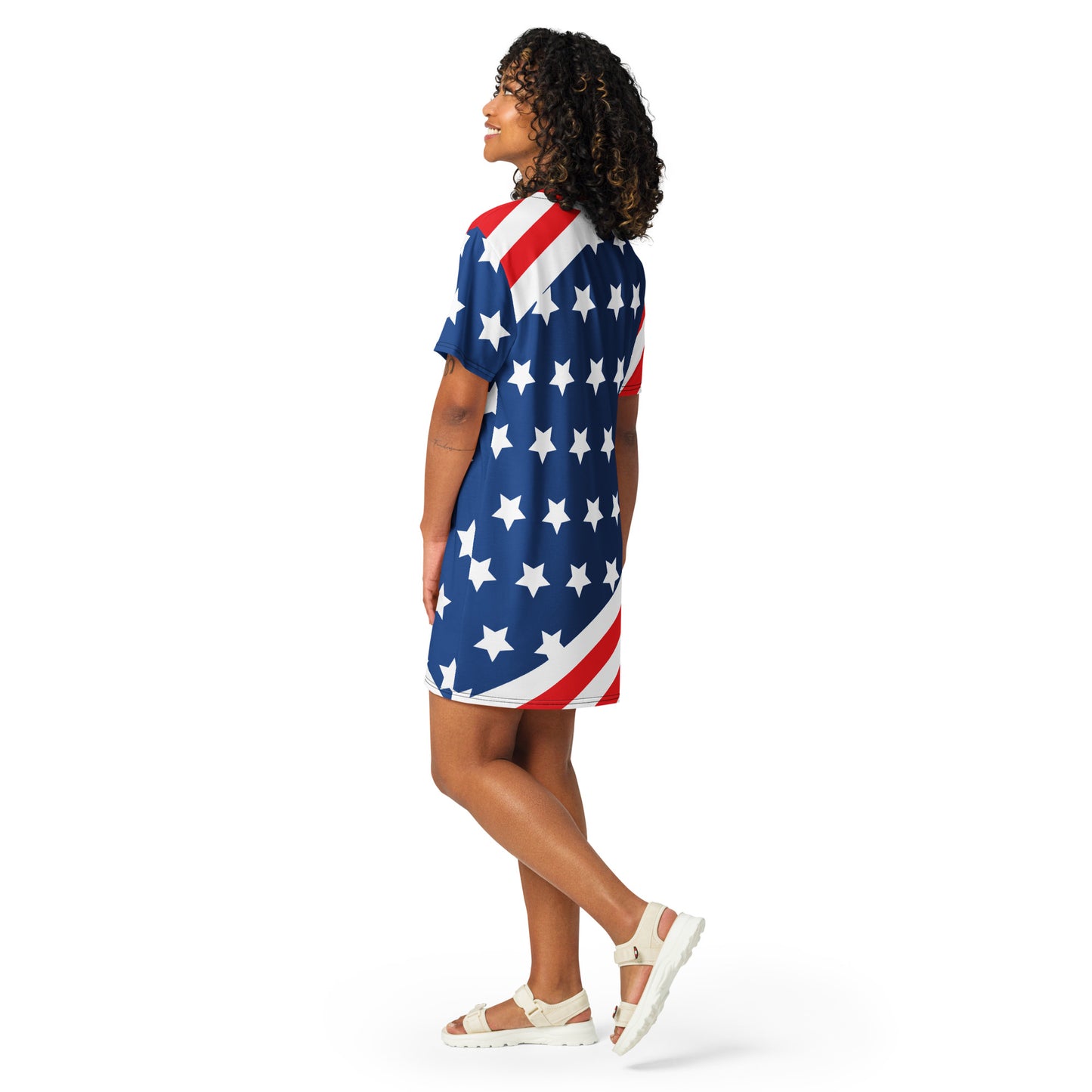 Back view of USA stars and stripes T-shirt dress in red white and blue