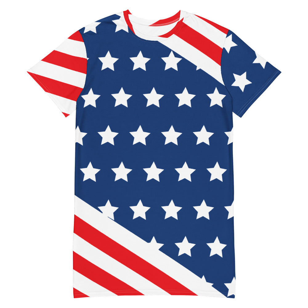 Bold American Stars and Stripes Women's Patriotic T-Shirt Dress