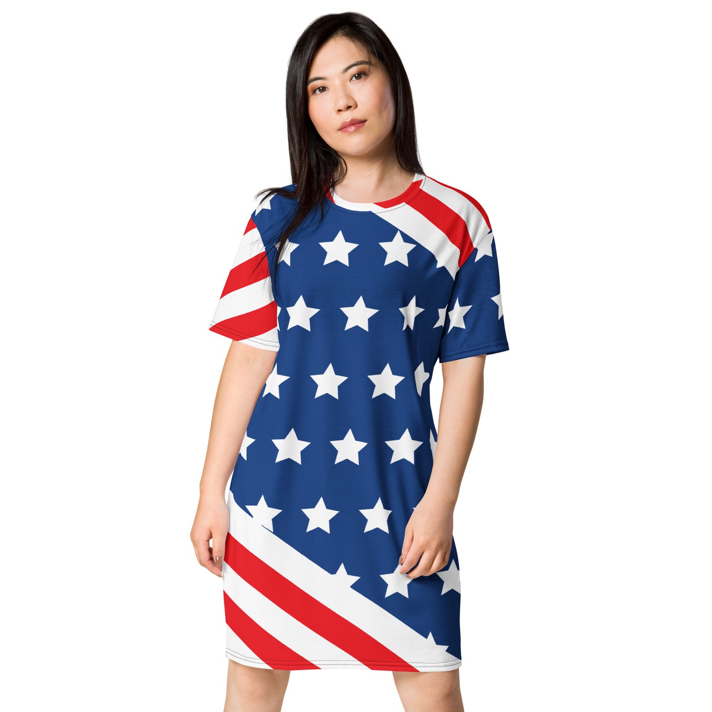 Woman wearing red white and blue American flag T-shirt dress from the front