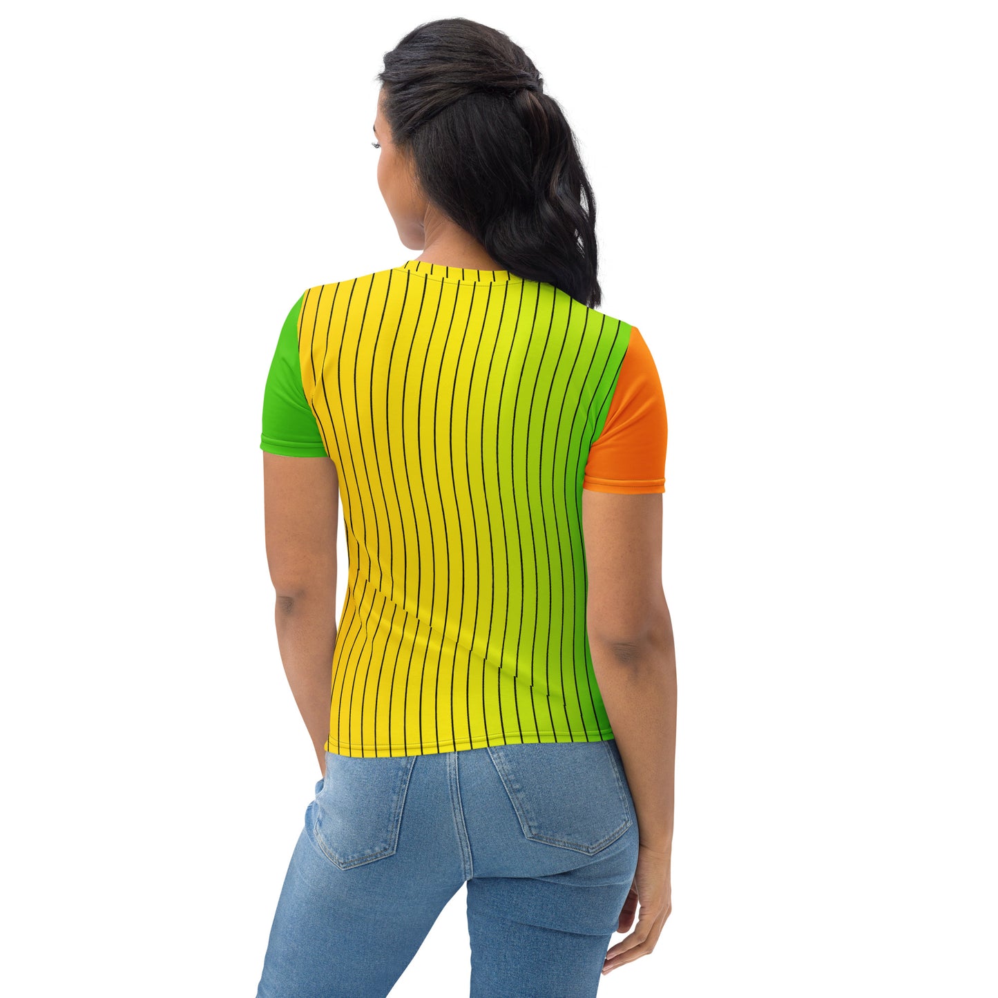 Back view of women's yellow green and orange striped crew neck T-shirt