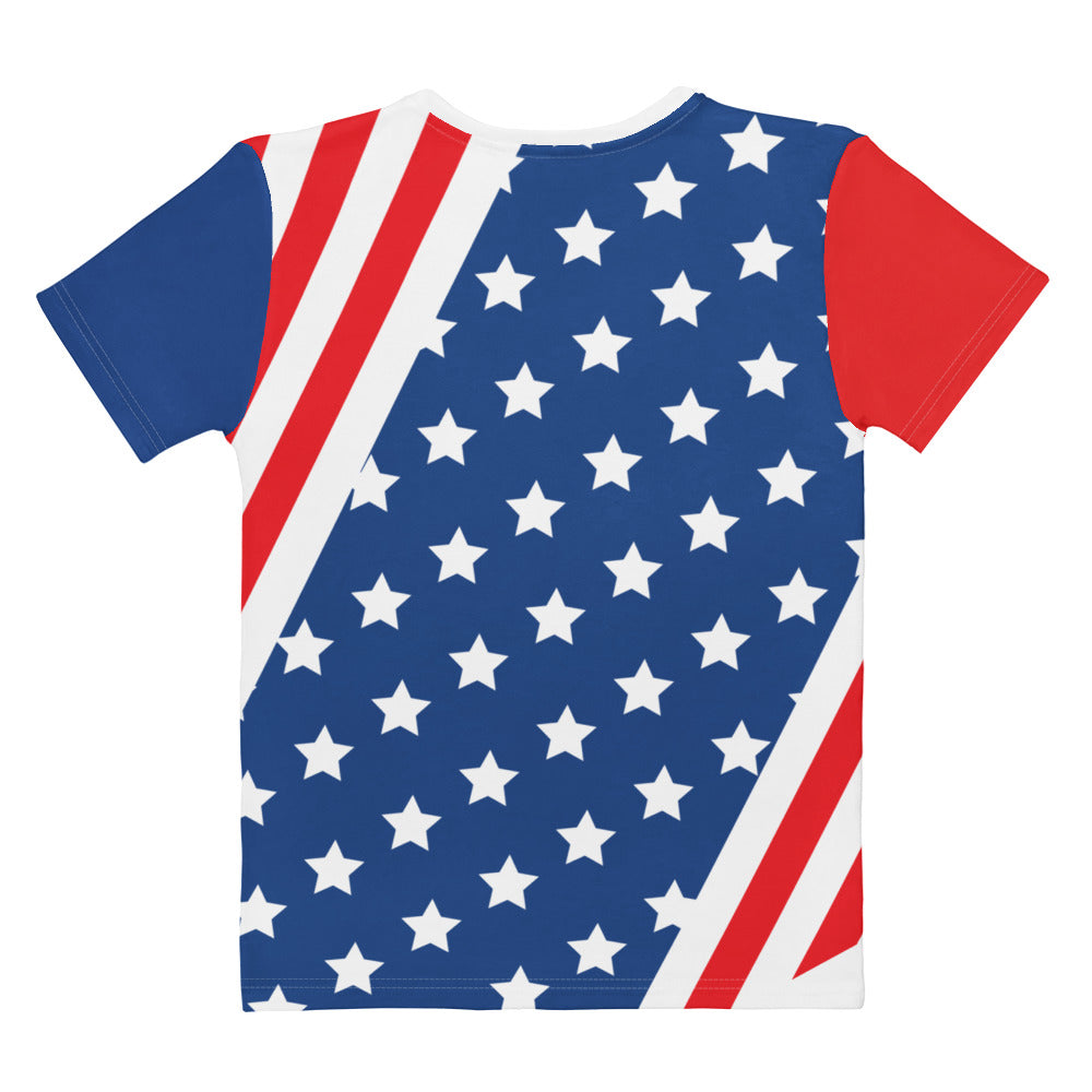 Product-only front view of women's American flag crew neck T-shirt with stars and stripes