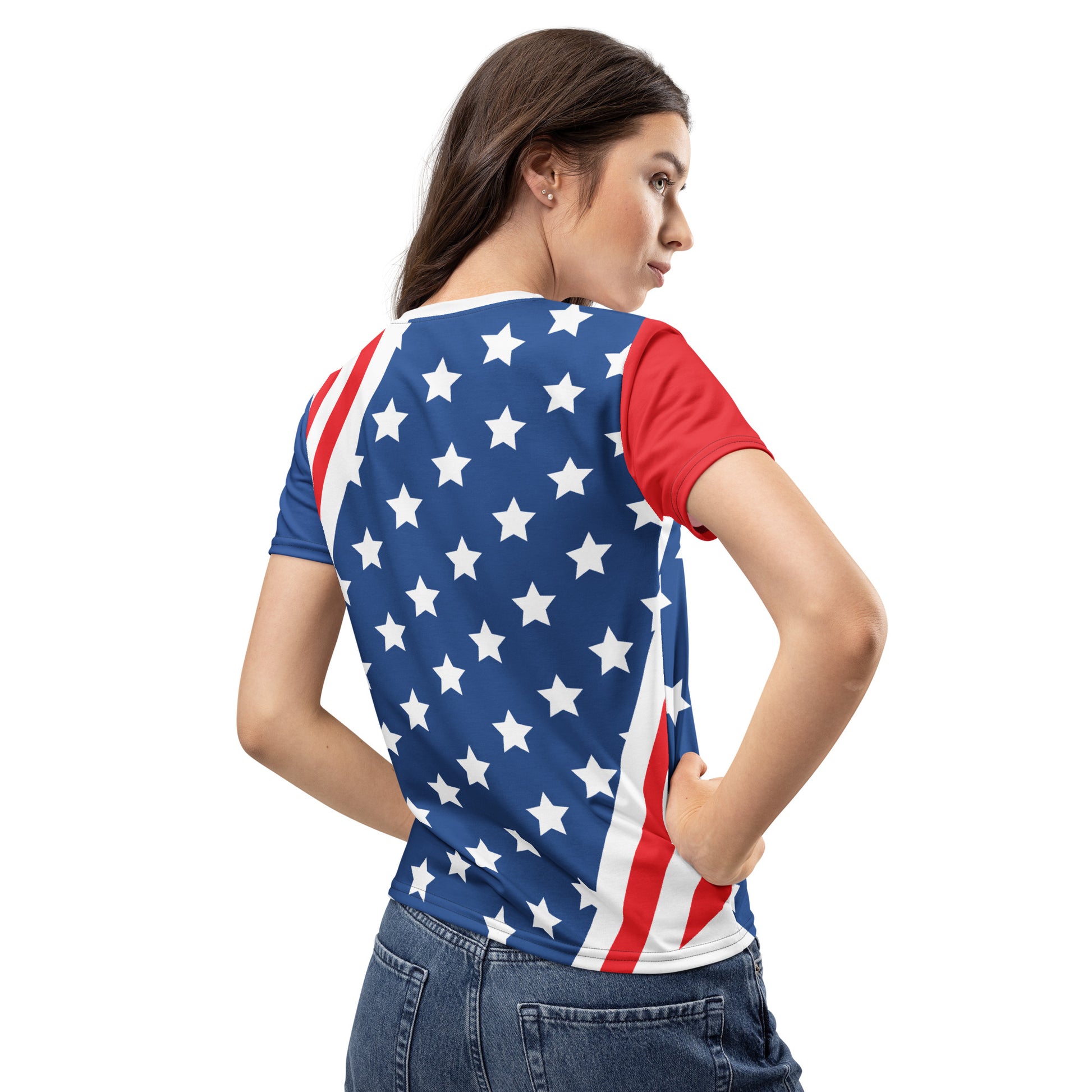 Back view of women's patriotic USA stars and stripes crew neck T-shirt