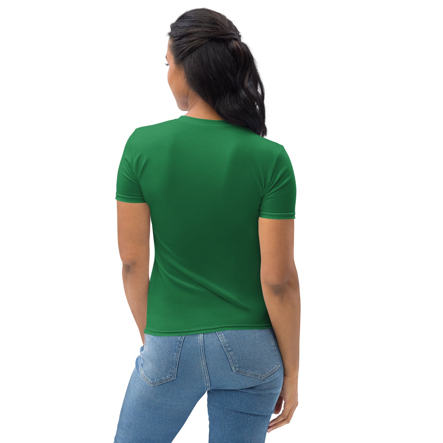 Back view of woman wearing green women's crew neck T-shirt with plain green design