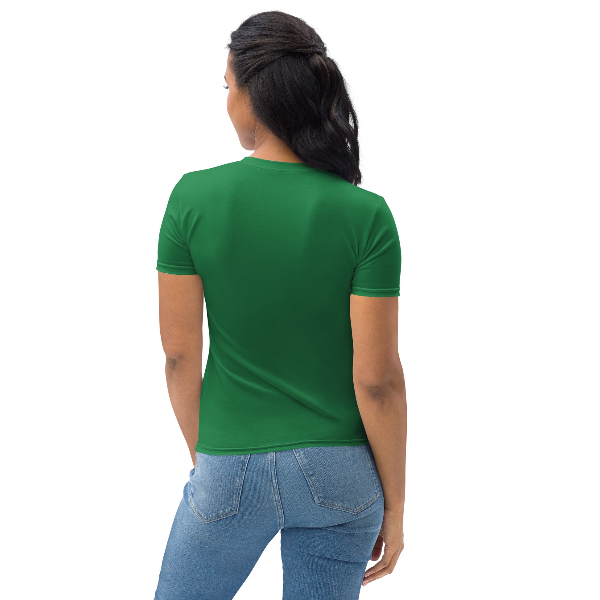 Back view of woman wearing green women's crew neck T-shirt with plain green design