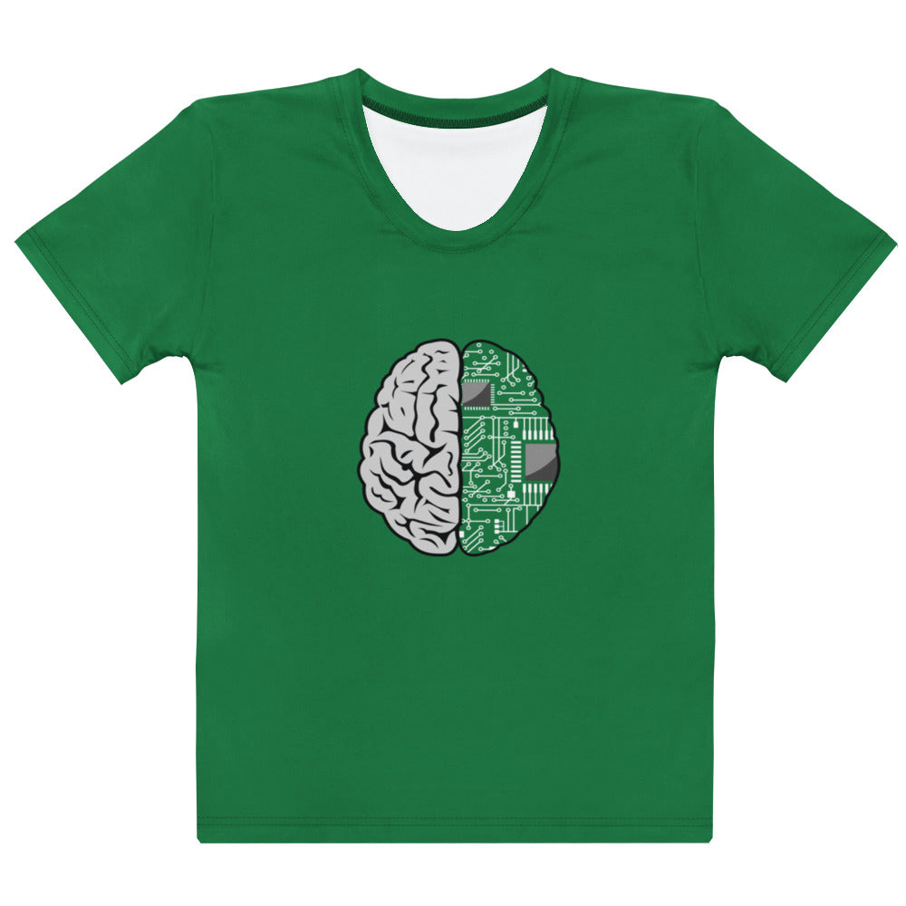 Front product view of green women's crew neck T-shirt with split human brain and circuit-board graphic