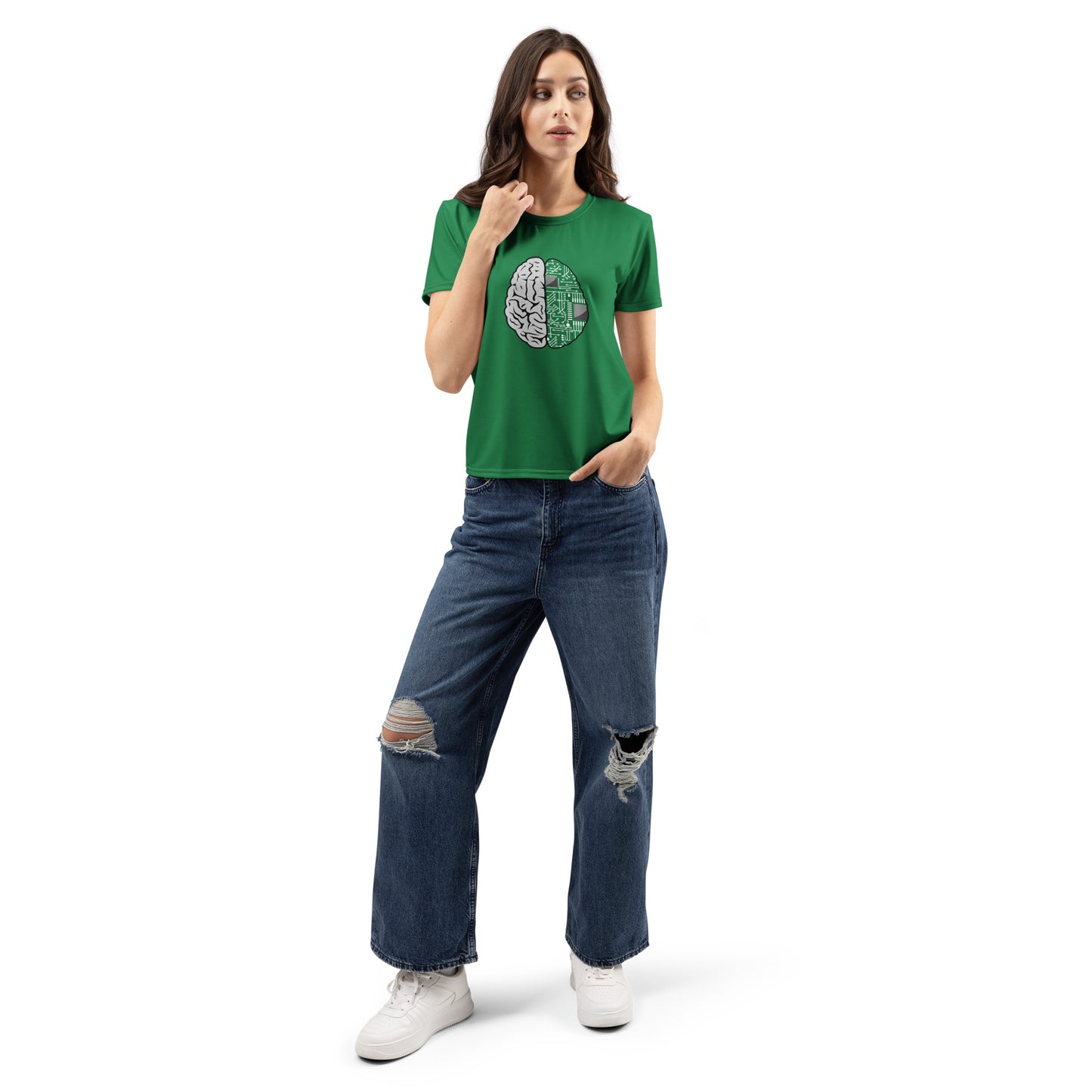 Woman wearing green Nonbinary Women crew neck T-shirt with half brain and half circuit-board graphic
