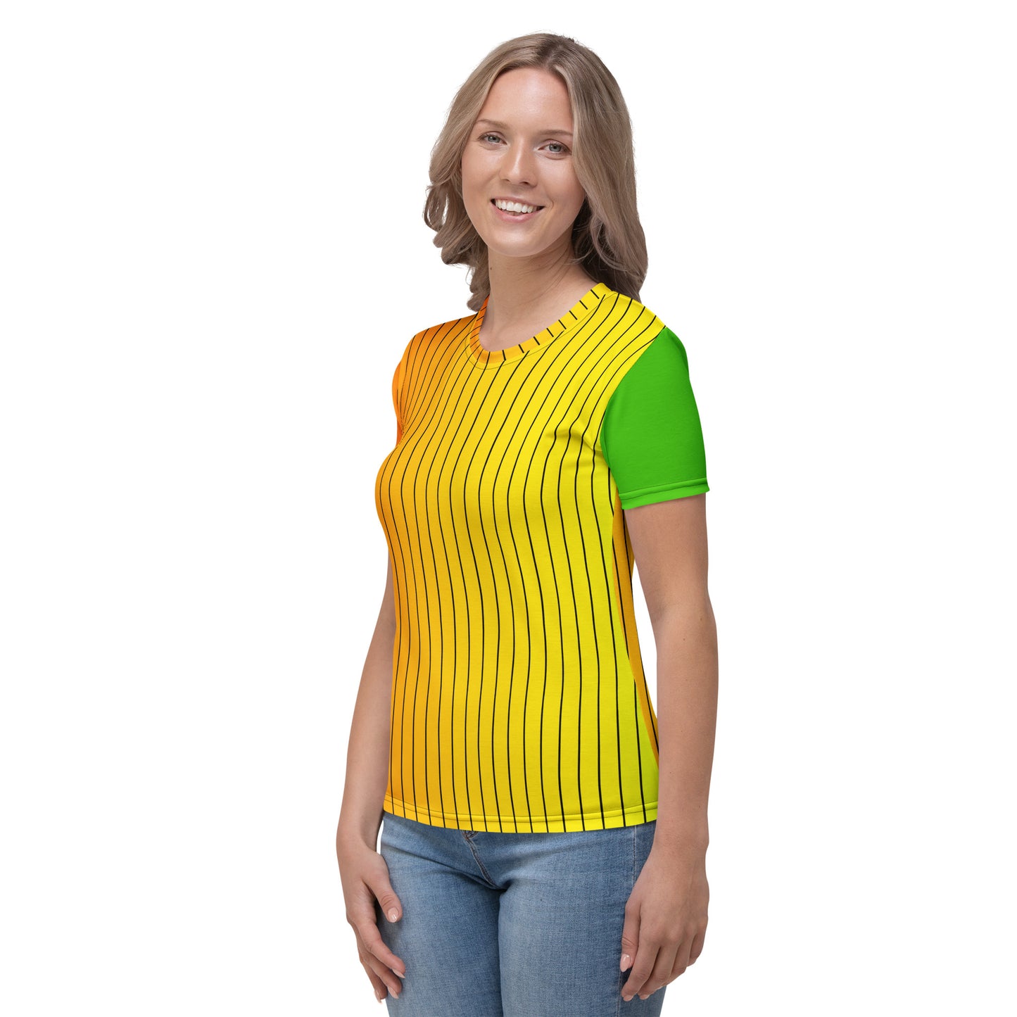 Woman wearing colorful vertical striped crew neck T-shirt in front angled view