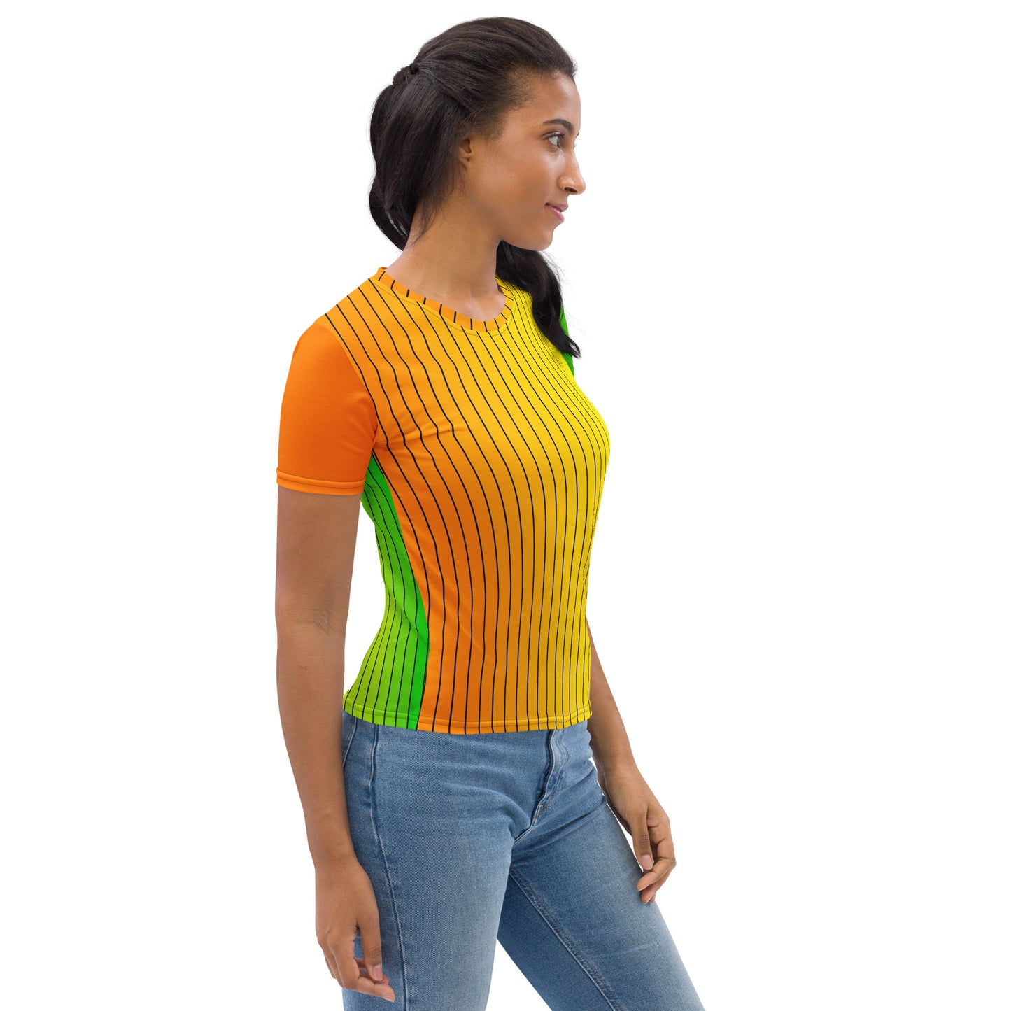Woman wearing yellow orange and green striped crew neck T-shirt in side view