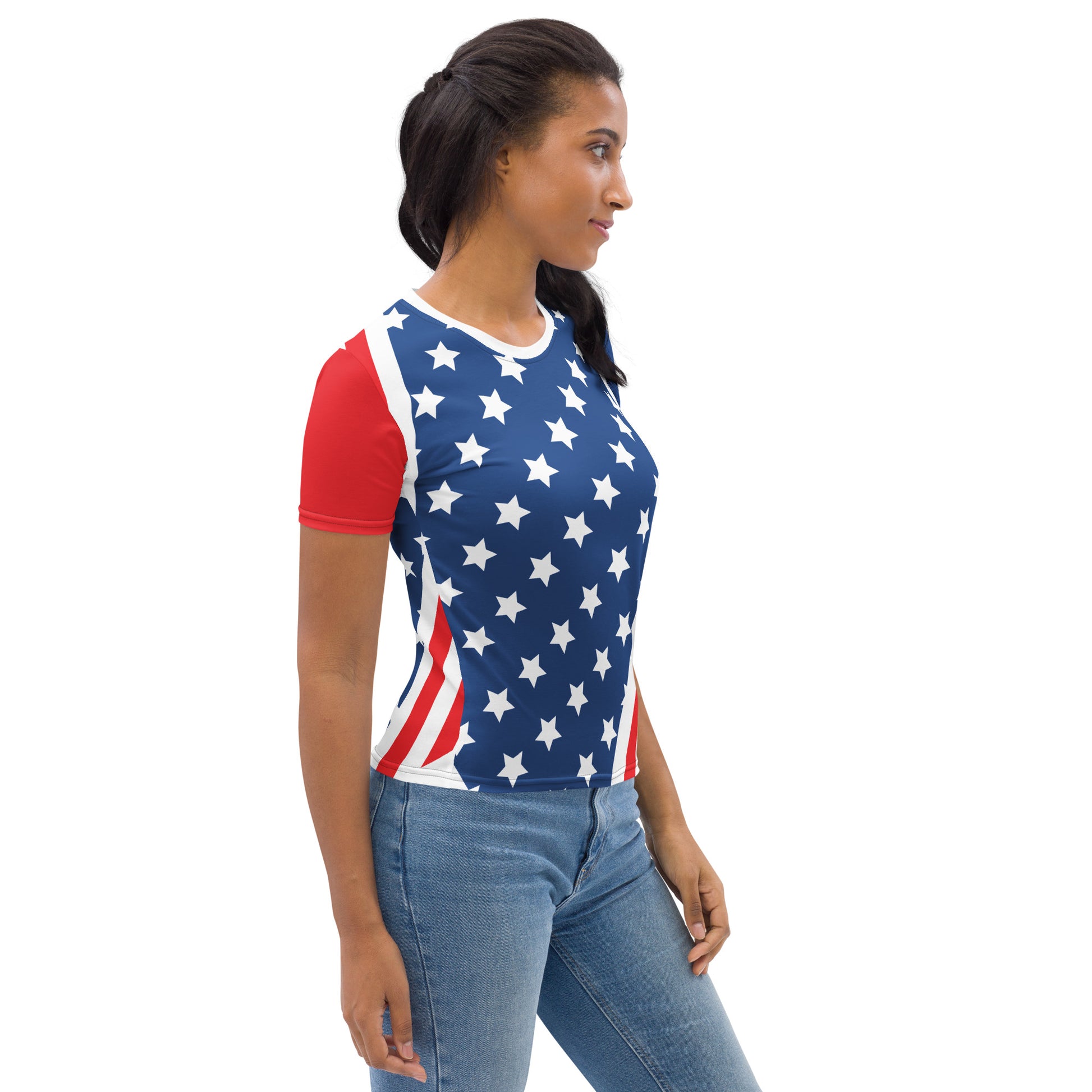 Woman wearing red white and blue USA flag crew neck T-shirt from the side