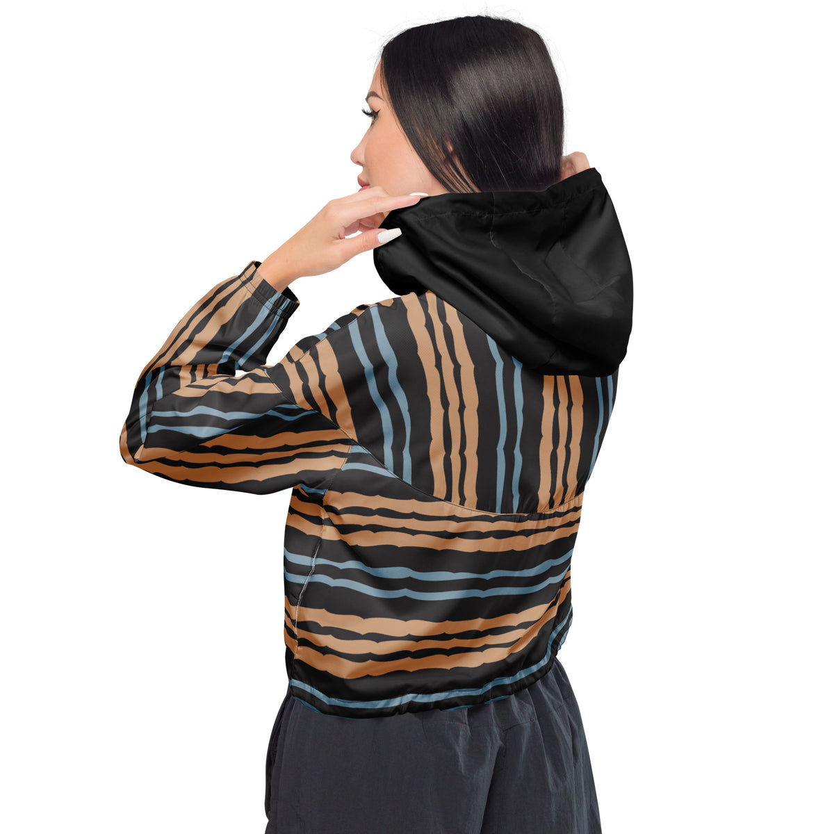Woman wearing Analog Retro Stripe women's cropped windbreaker back view