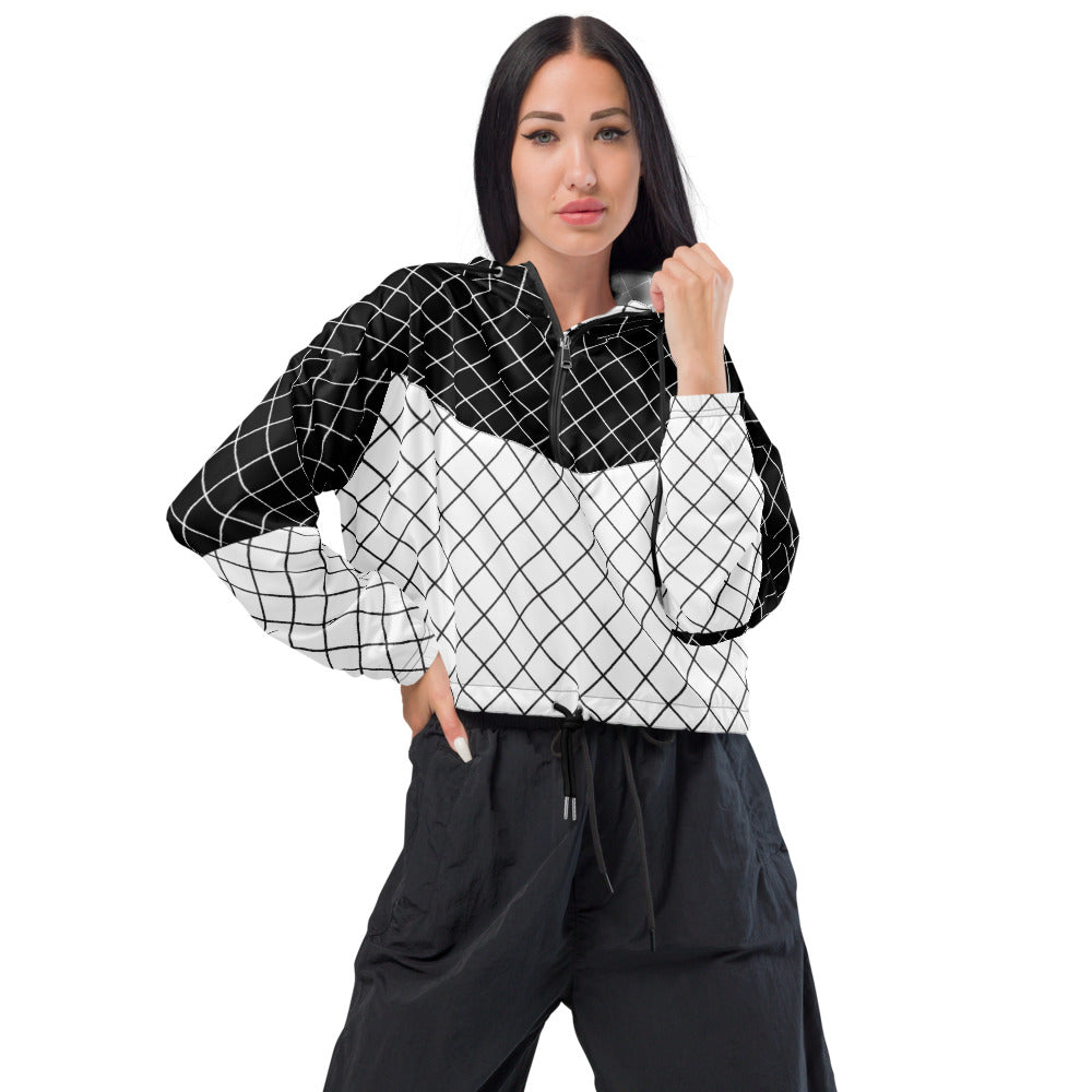 Graphic Black and White Grid Women's Cropped Windbreaker