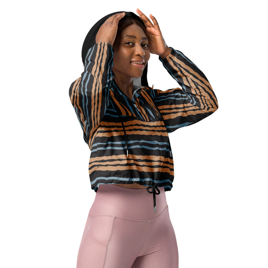 Woman wearing Analog Retro Stripe women's cropped windbreaker in brown blue and black