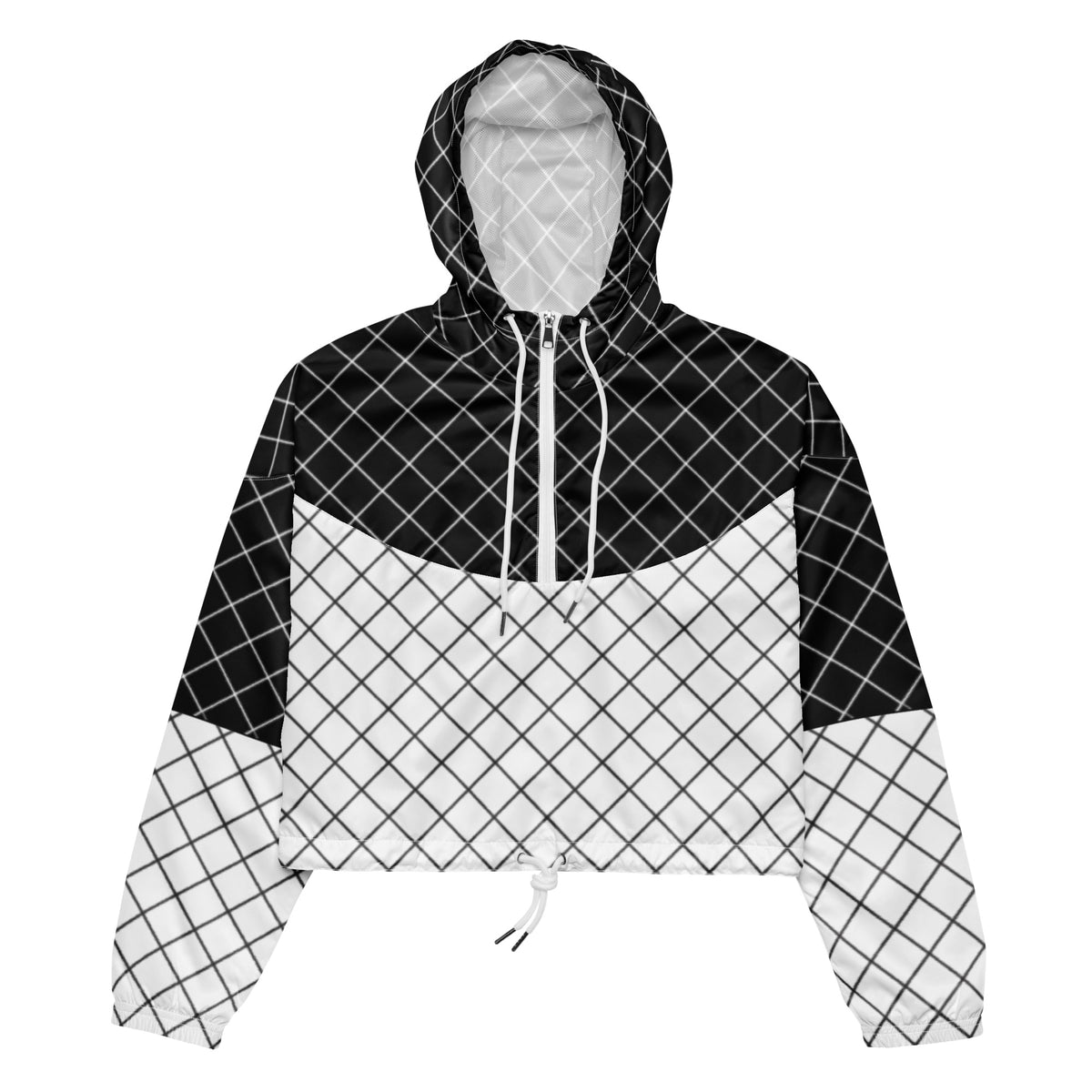 Front product view of black and white geometric grid women's cropped windbreaker with hood