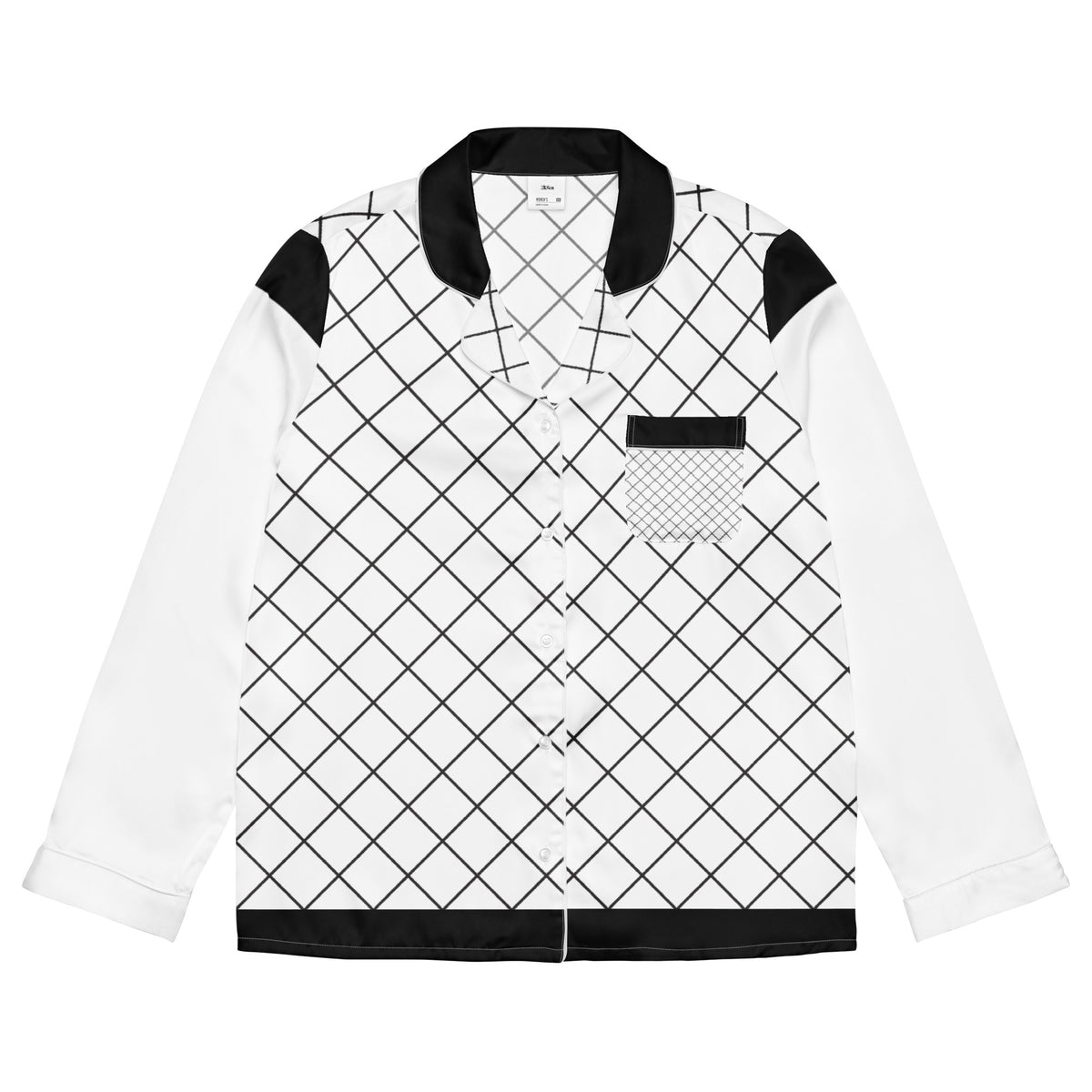 Front product view of black and white geometric grid women's long sleeve pajama top with black collar and trim