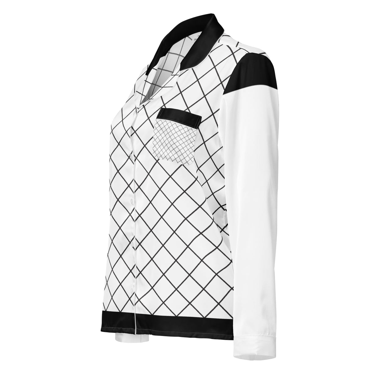 Angled front view of women's black and white grid long sleeve pajama top with decorative piping