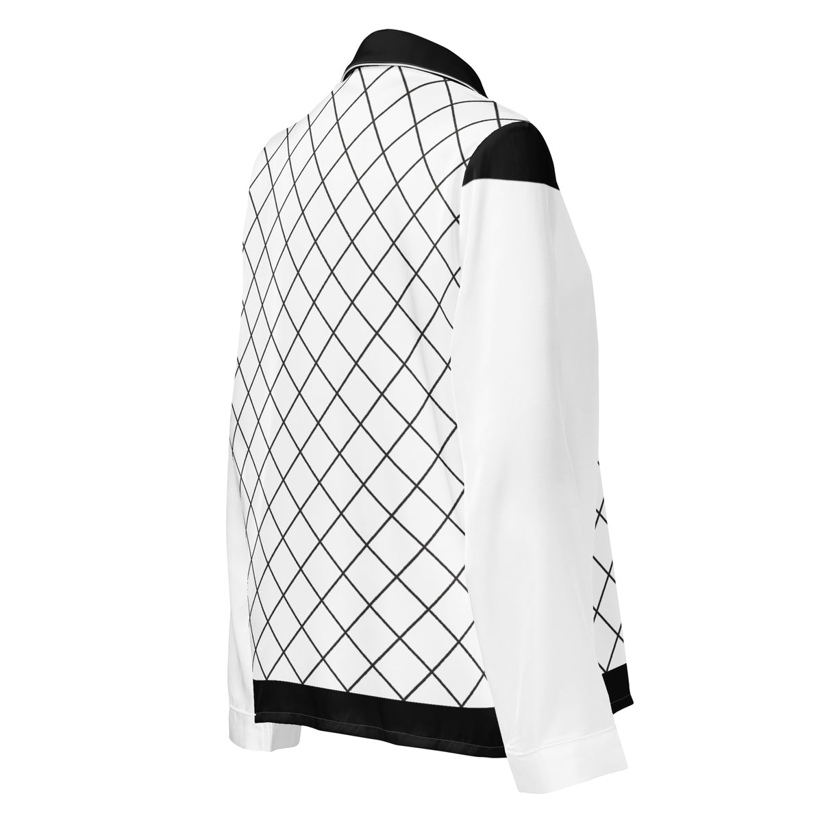 Back angled view of women's black and white geometric grid long sleeve pajama top