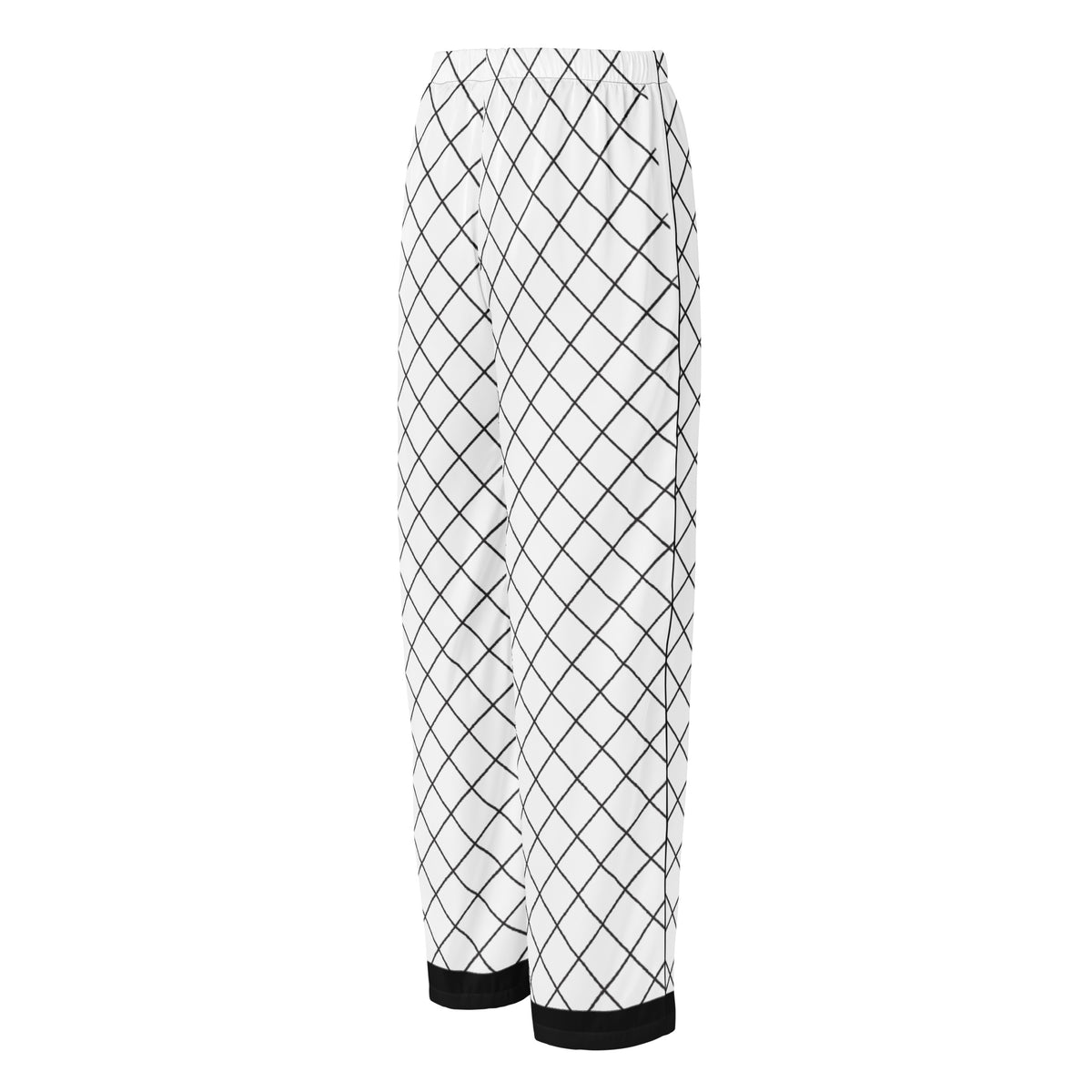 Black and white geometric grid women's pajama pants front angled view