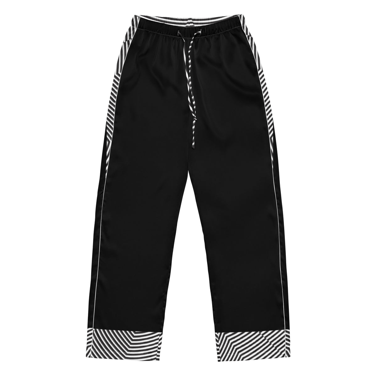 Back view of black women's pajama pants with black and white striped waistband and cuffs