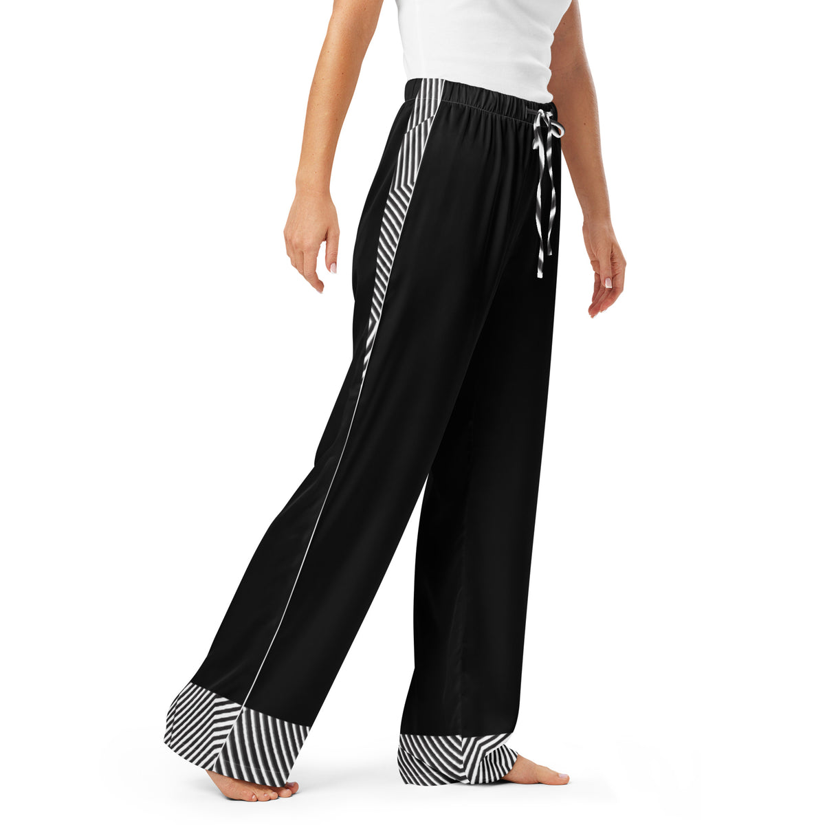 Black women's pajama pants with striped side panels and black and white ankle cuffs