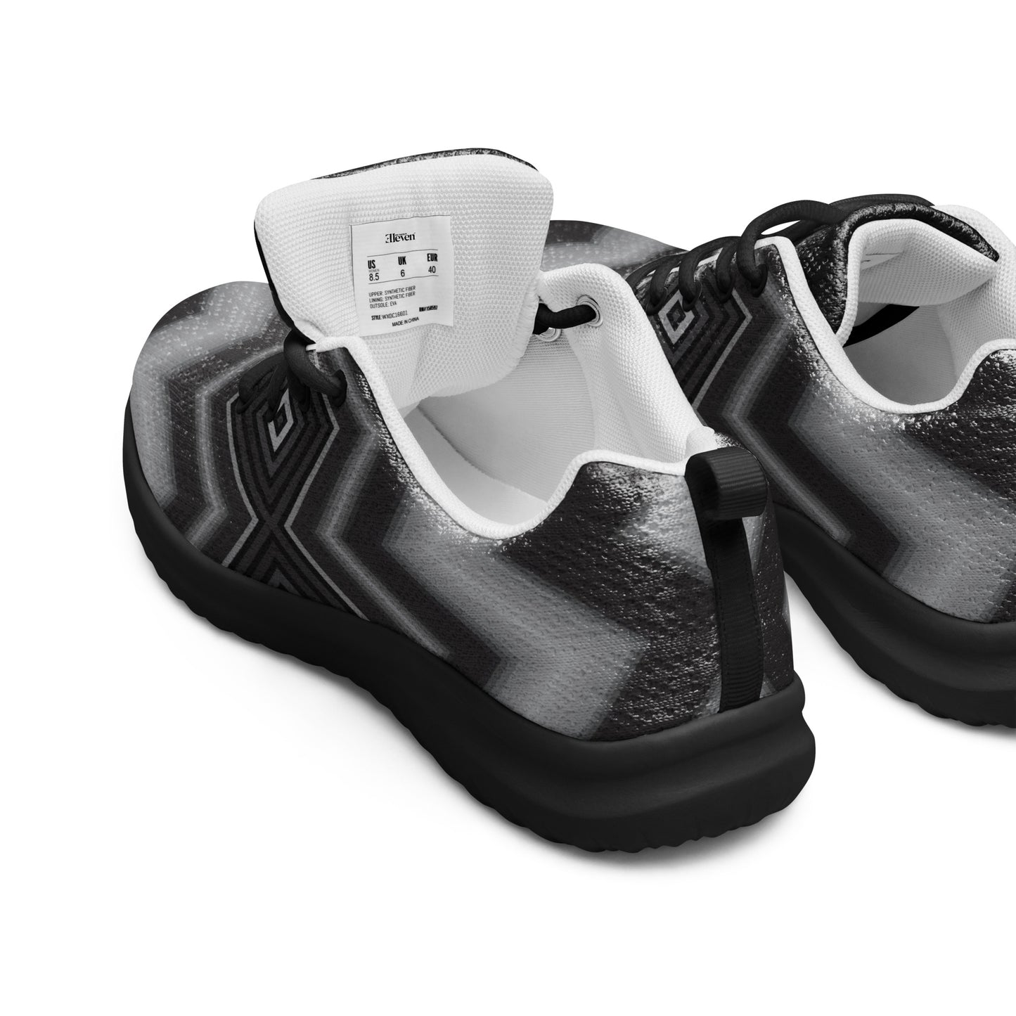 men’s athletic shoes with black white and gray geometric square pattern and black sole