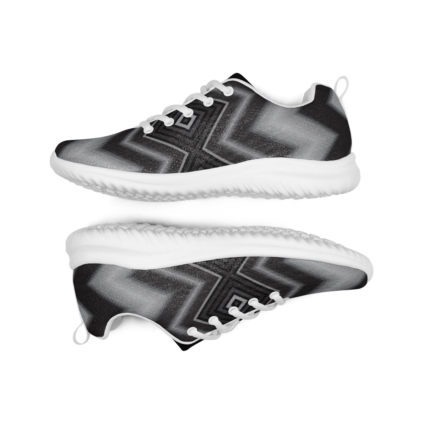 side view of men’s athletic shoes with monochrome maze design on a white performance sole