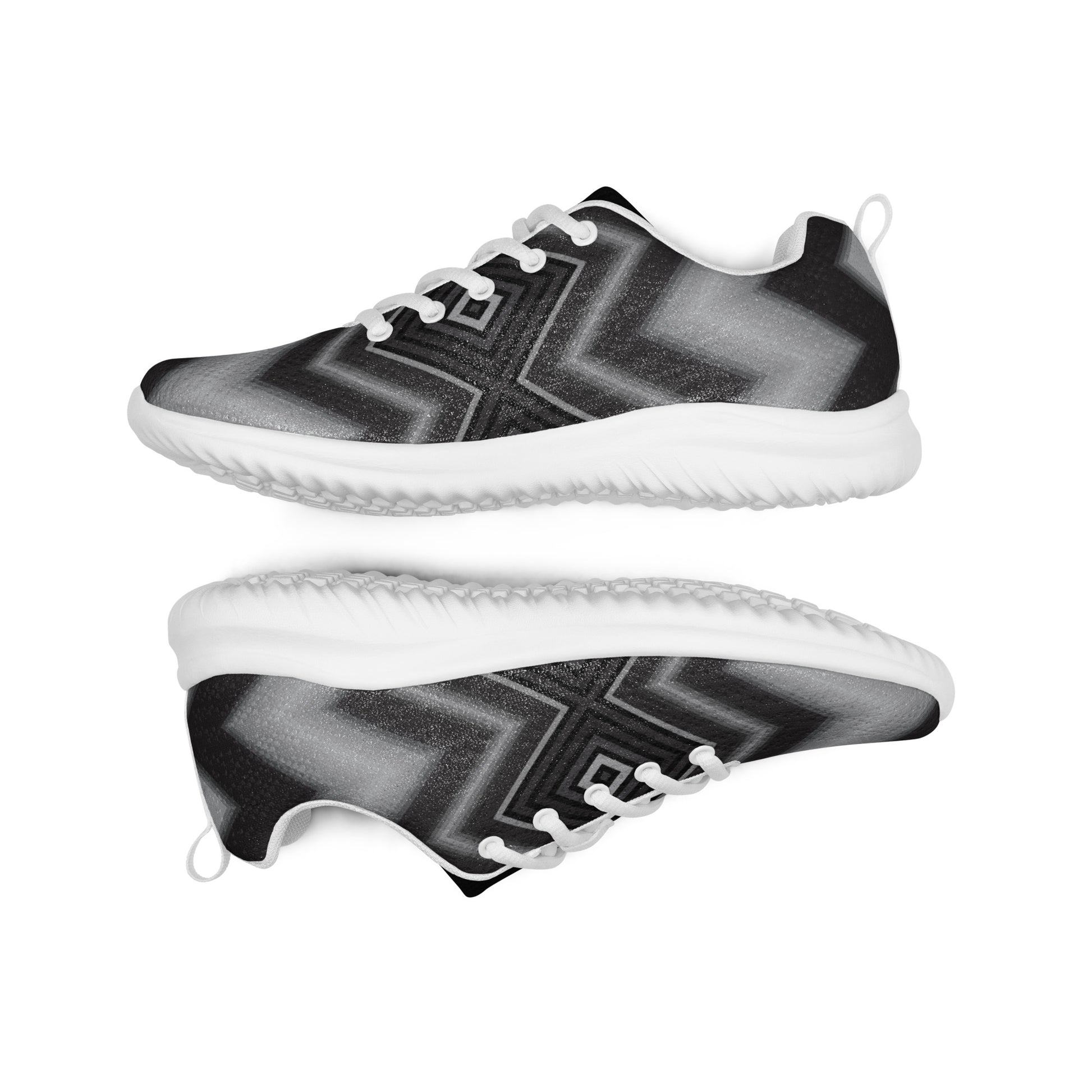 side view of men’s athletic shoes with monochrome maze design on a white performance sole