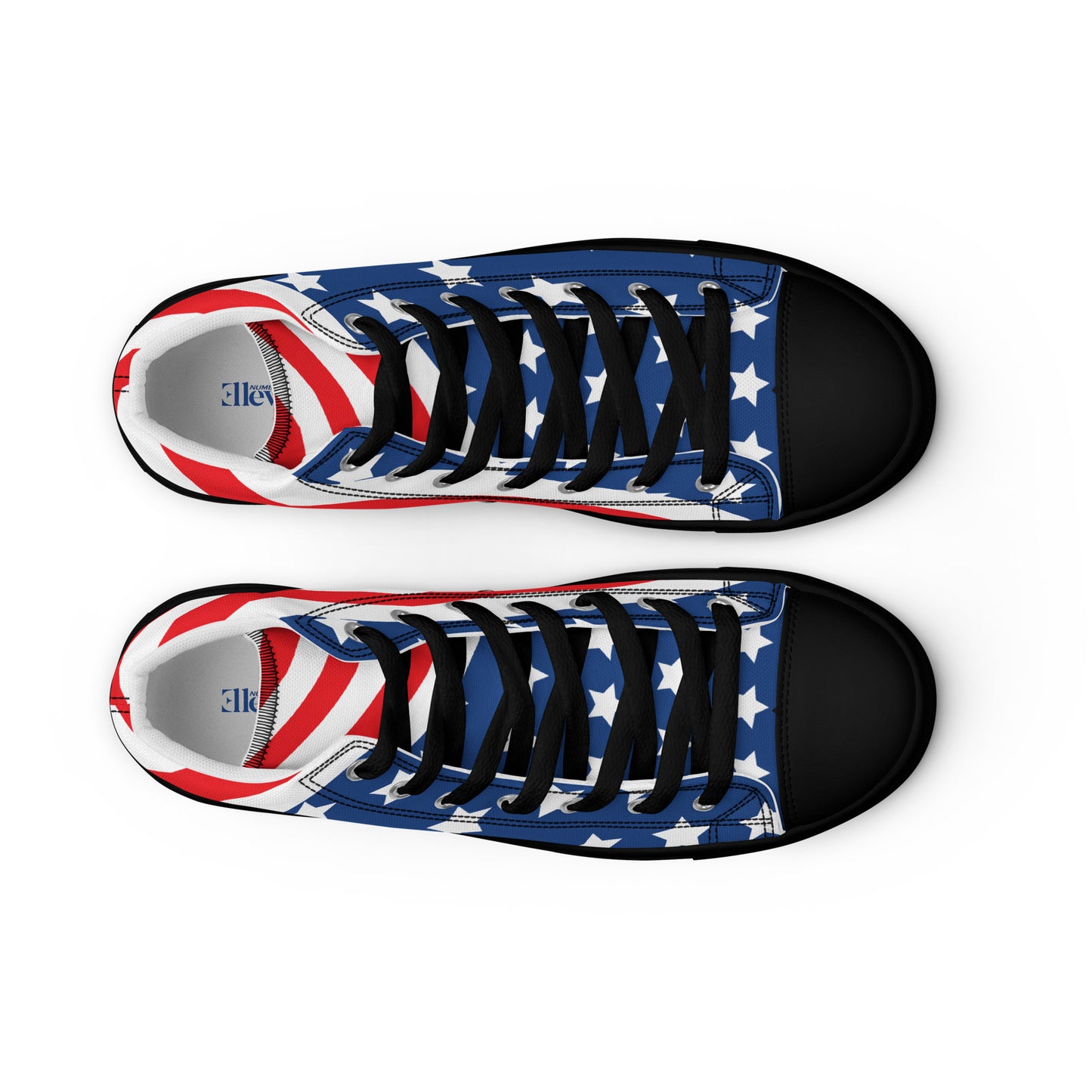 Top view of American stars and stripes men's high-top sneakers with black laces blue star field and black toe caps