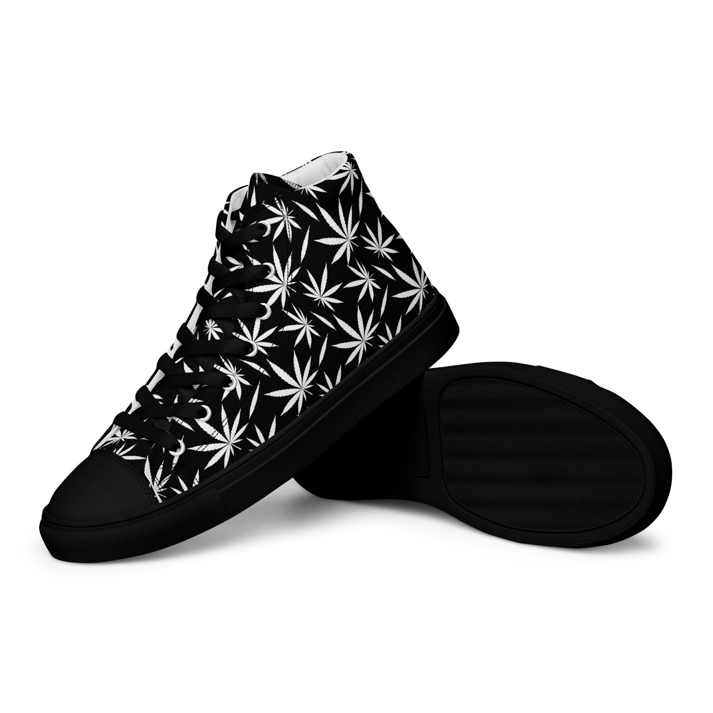 Men's black high-top sneakers with white cannabis leaf pattern and black sole