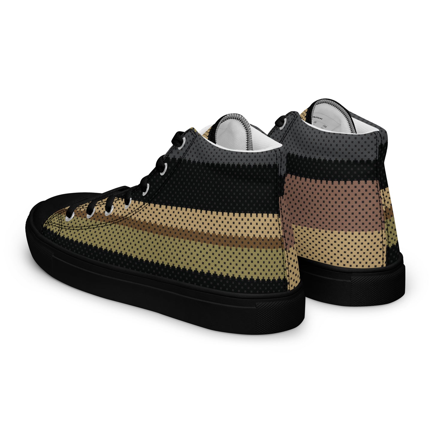 men’s high-top canvas sneakers with muted striped texture in black beige and olive tones