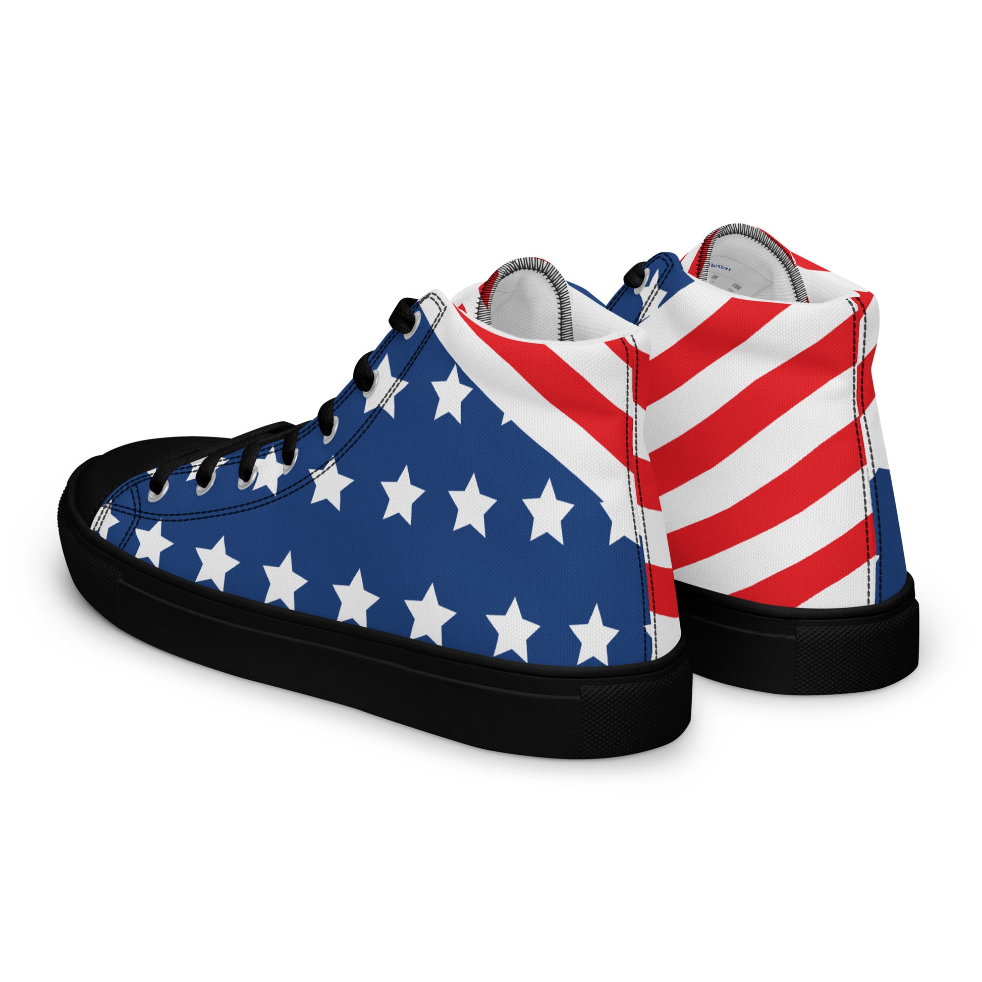 Rear angled view of American stars and stripes men's high-top sneakers with red white striped heels blue star panels and black sole
