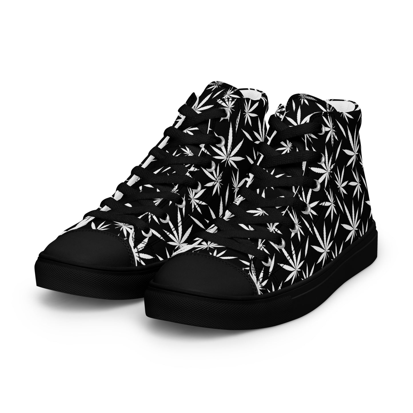 Men's black-sole high-top sneakers featuring white marijuana leaf pattern