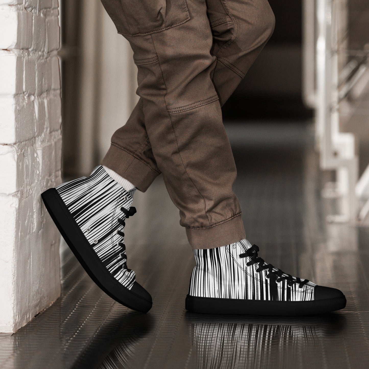 black and white striped men's sneakers abstract line pattern
