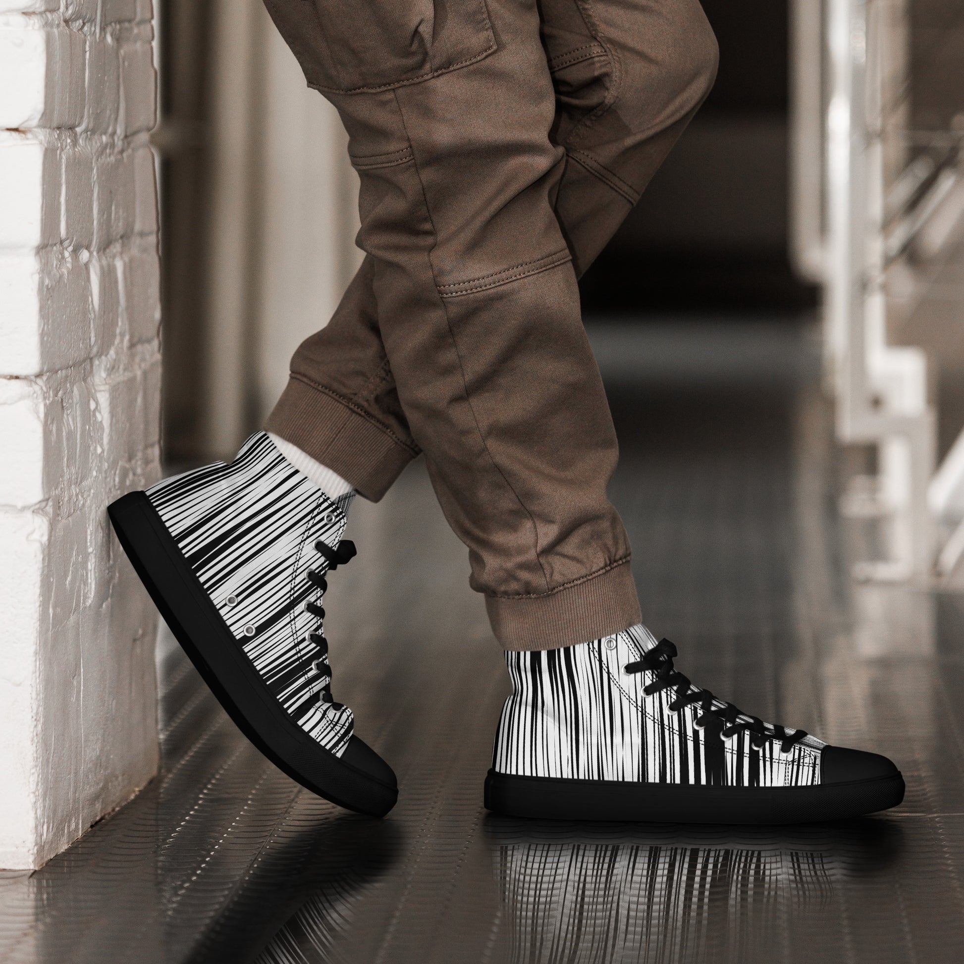 black and white striped men's sneakers abstract line pattern