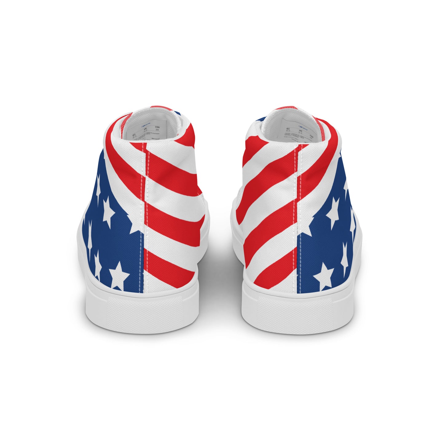 Back view of American stars and stripes men's high-top sneakers with red white striped heels blue star panels and white sole