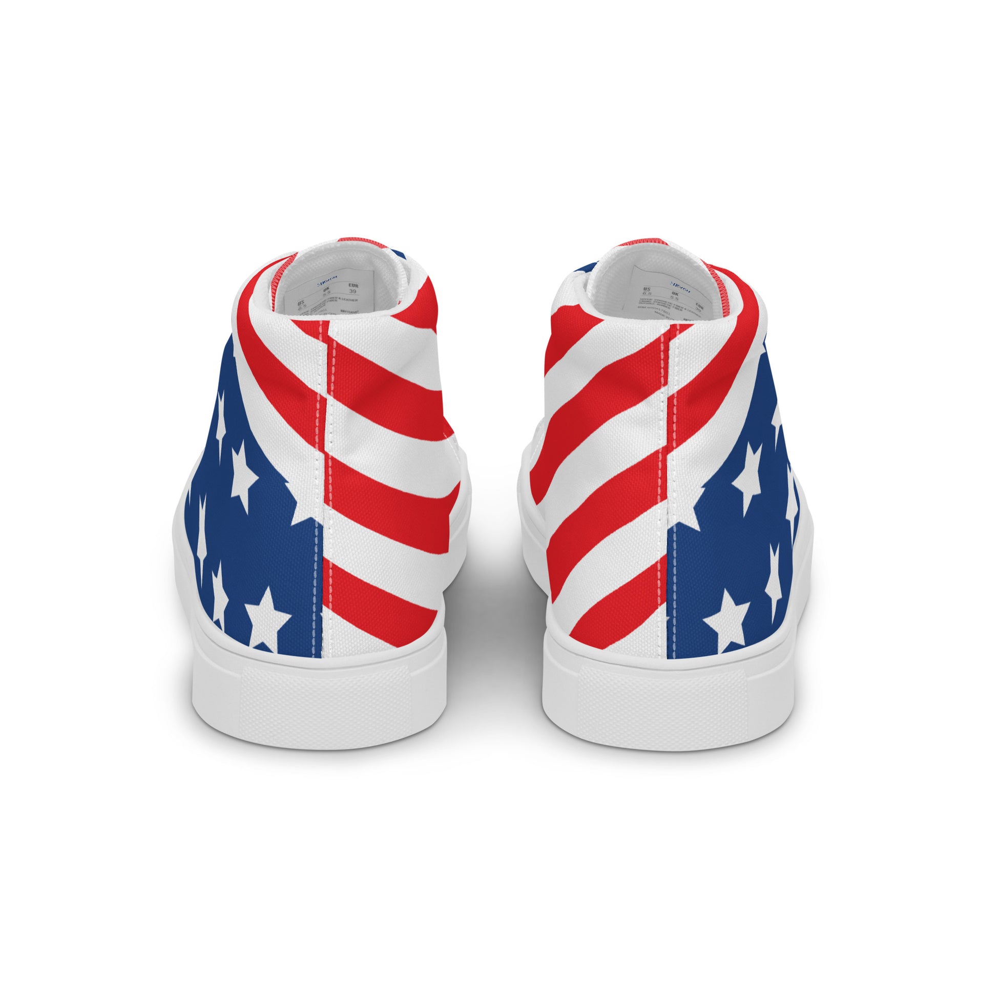 Back view of American stars and stripes men's high-top sneakers with red white striped heels blue star panels and white sole