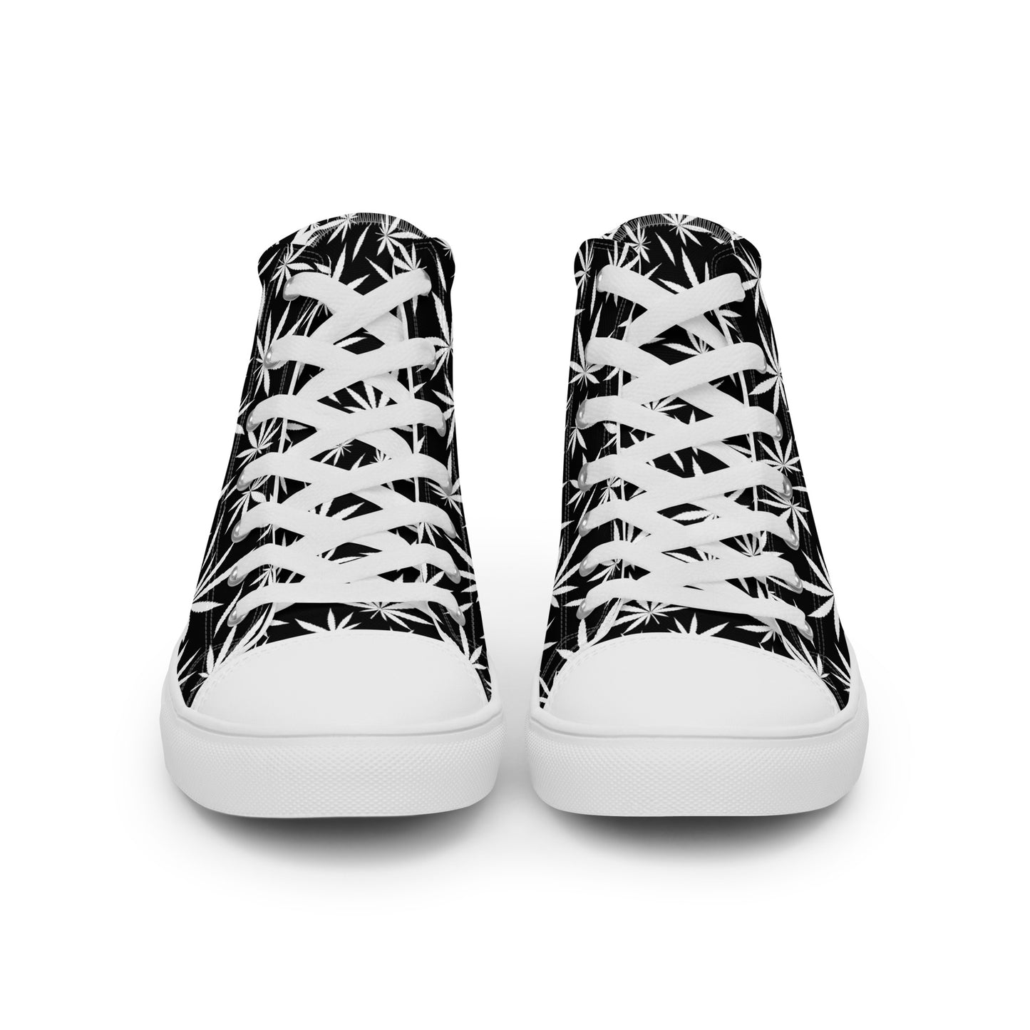 Front view of men's cannabis leaf high-top sneakers with white sole and laces