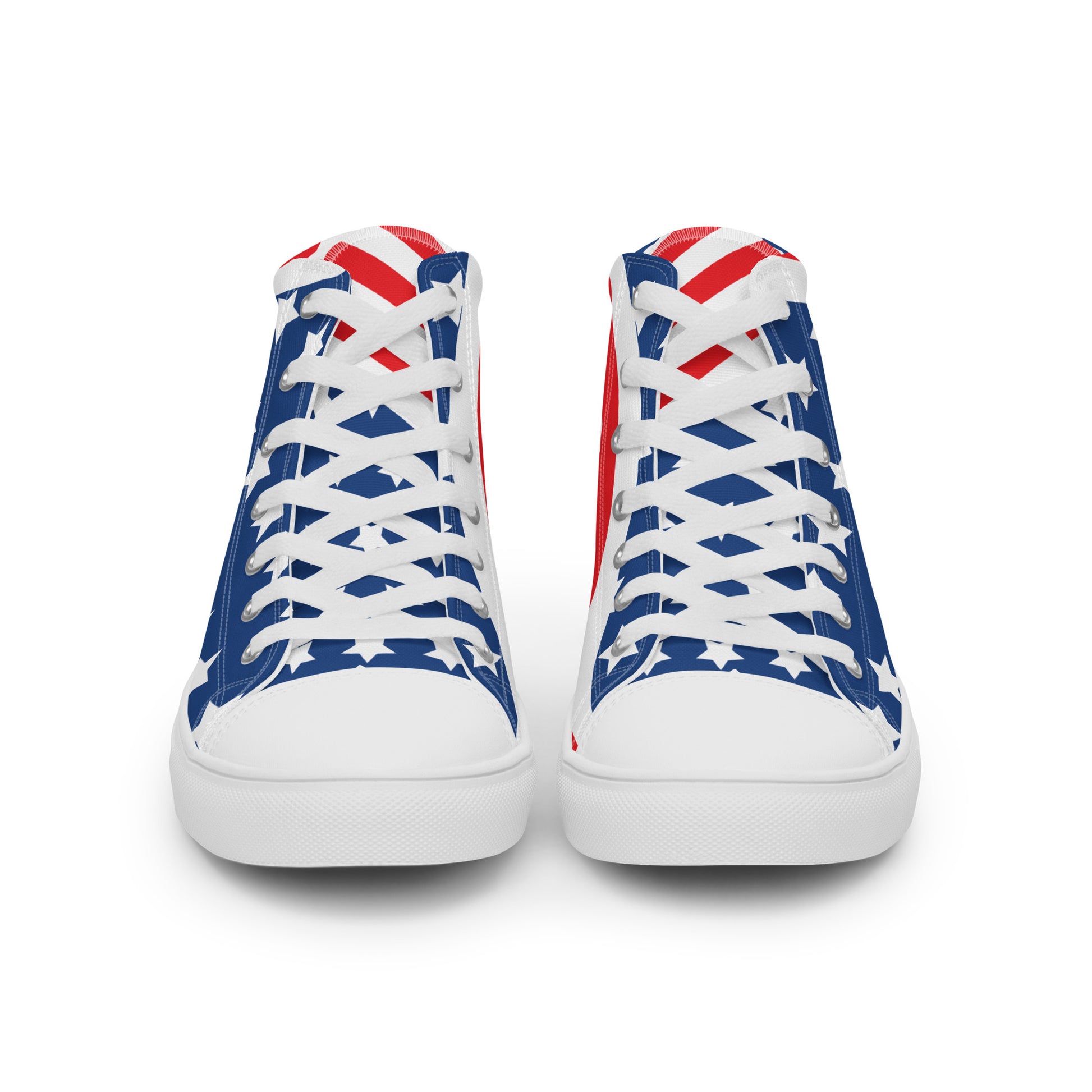 Front view of American stars and stripes men's high-top sneakers with white laces blue star pattern and white toe caps