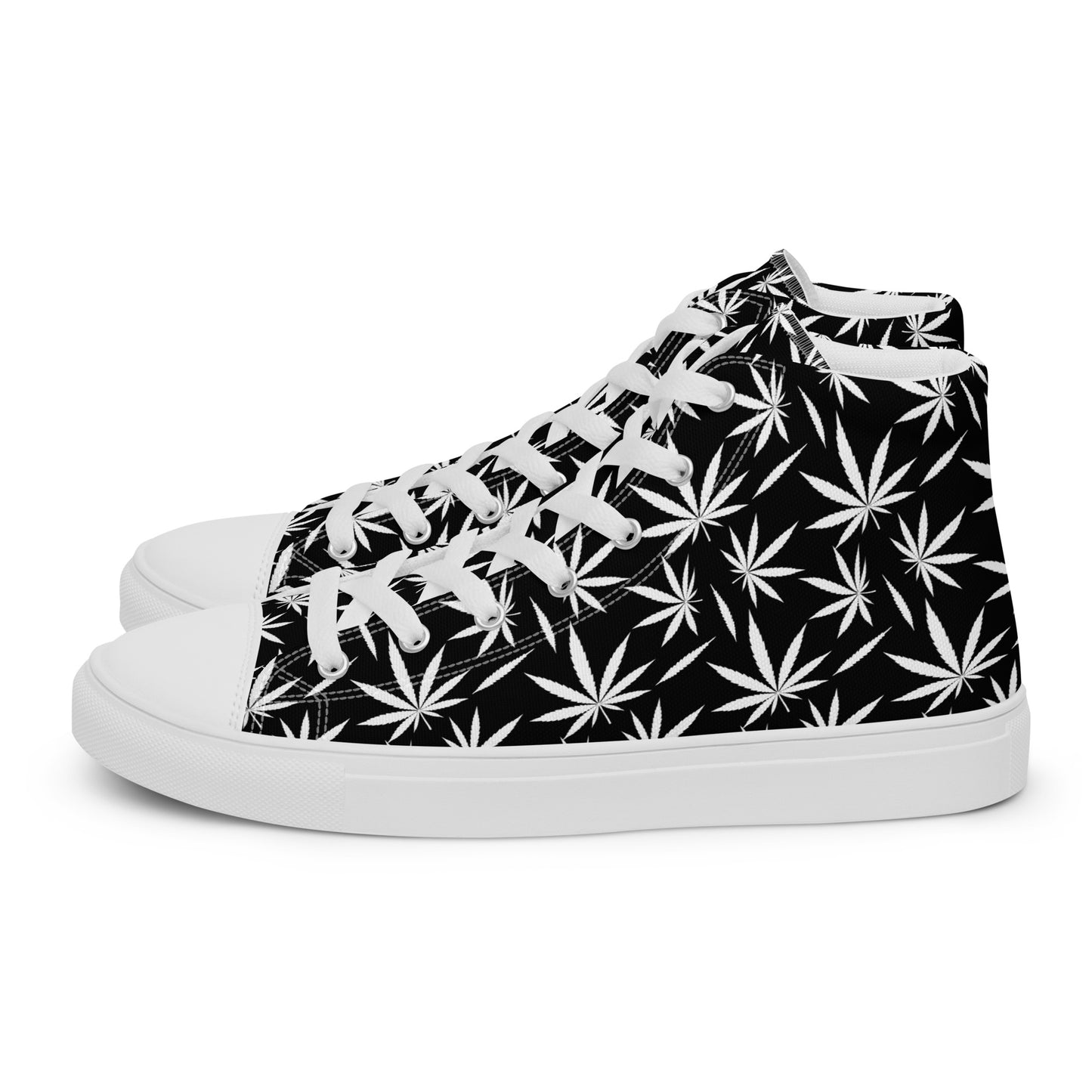Side view of men's black-and-white cannabis leaf high-top sneakers with white sole