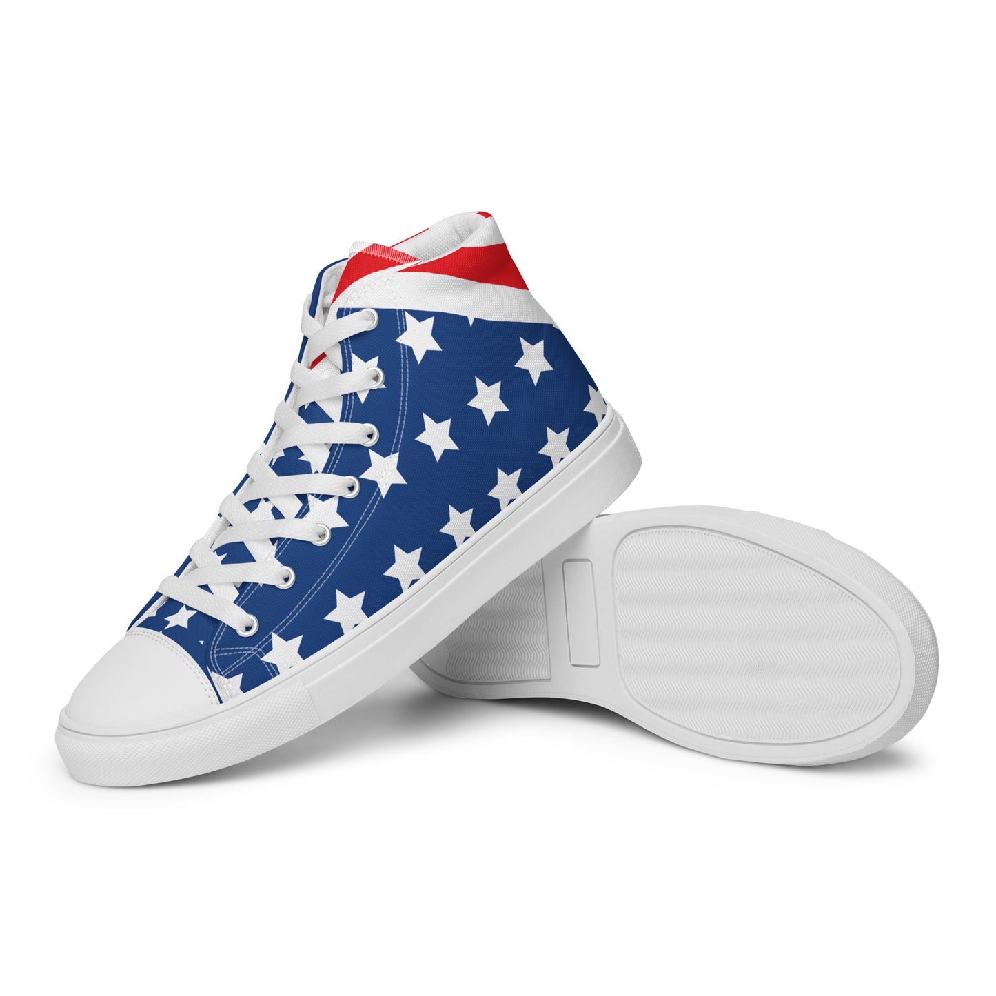 Side view of American stars and stripes men's high-top sneakers with blue star pattern white laces and white sole