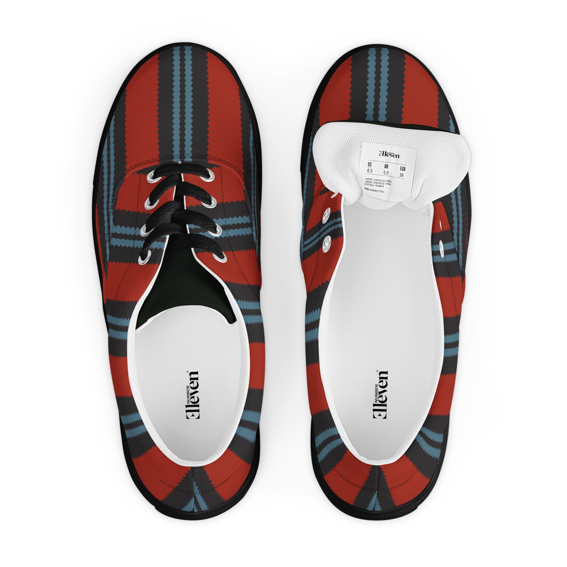 pair of men’s lace-up canvas shoes with geometric stripe design in red black and muted blue