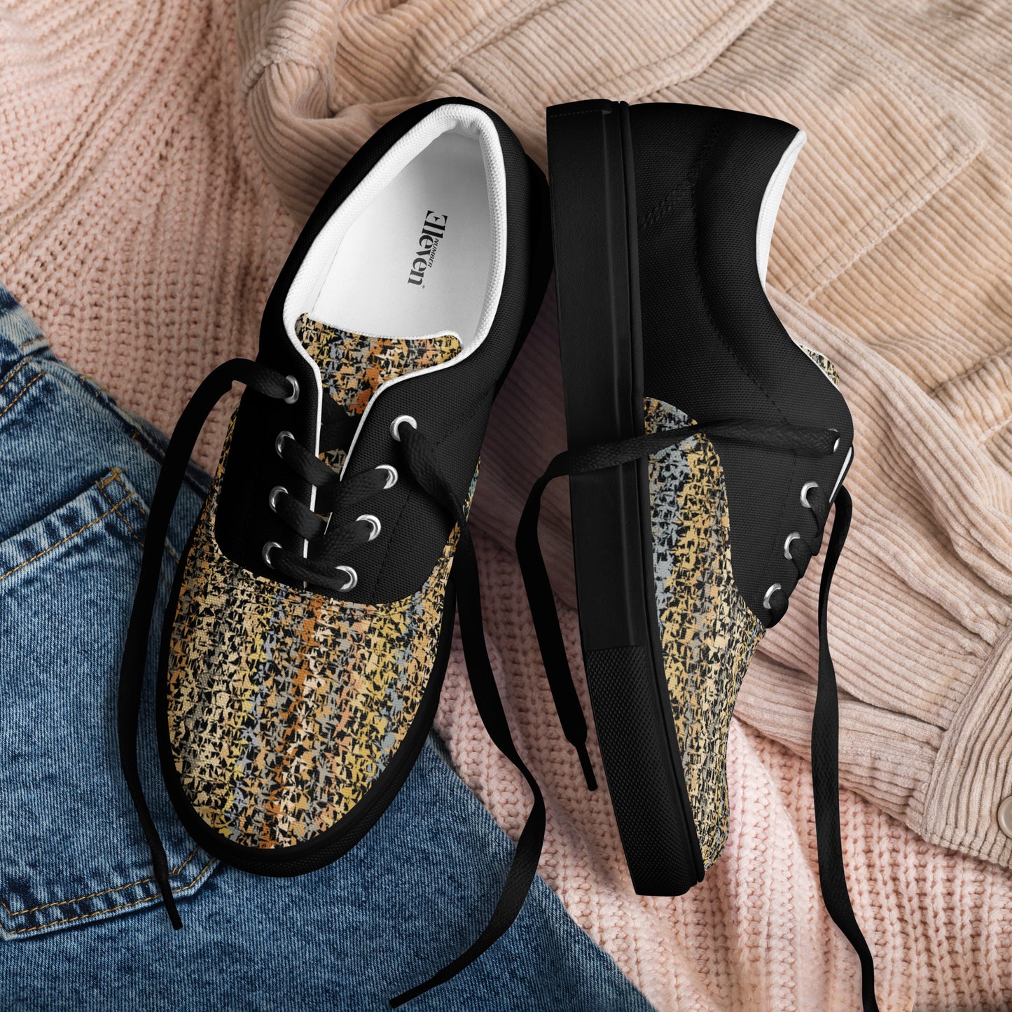 men’s casual lace-up canvas shoes with neutral textured pattern on toe and lower side panels
