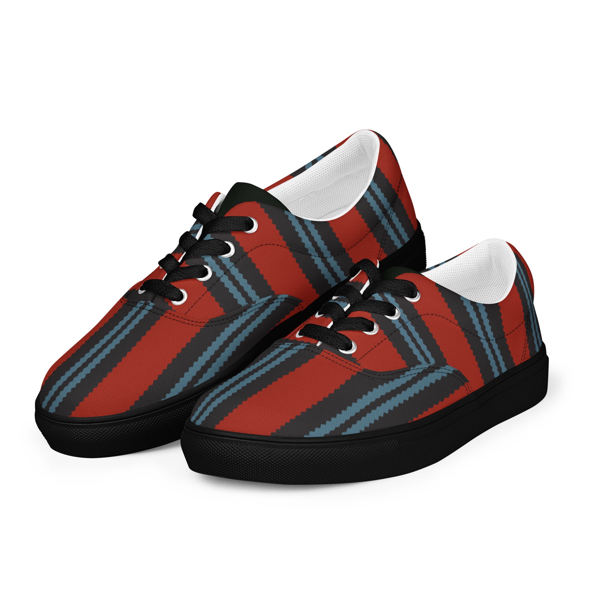 men’s lace-up canvas shoes with rust red base and diagonal charcoal blue stripe pattern