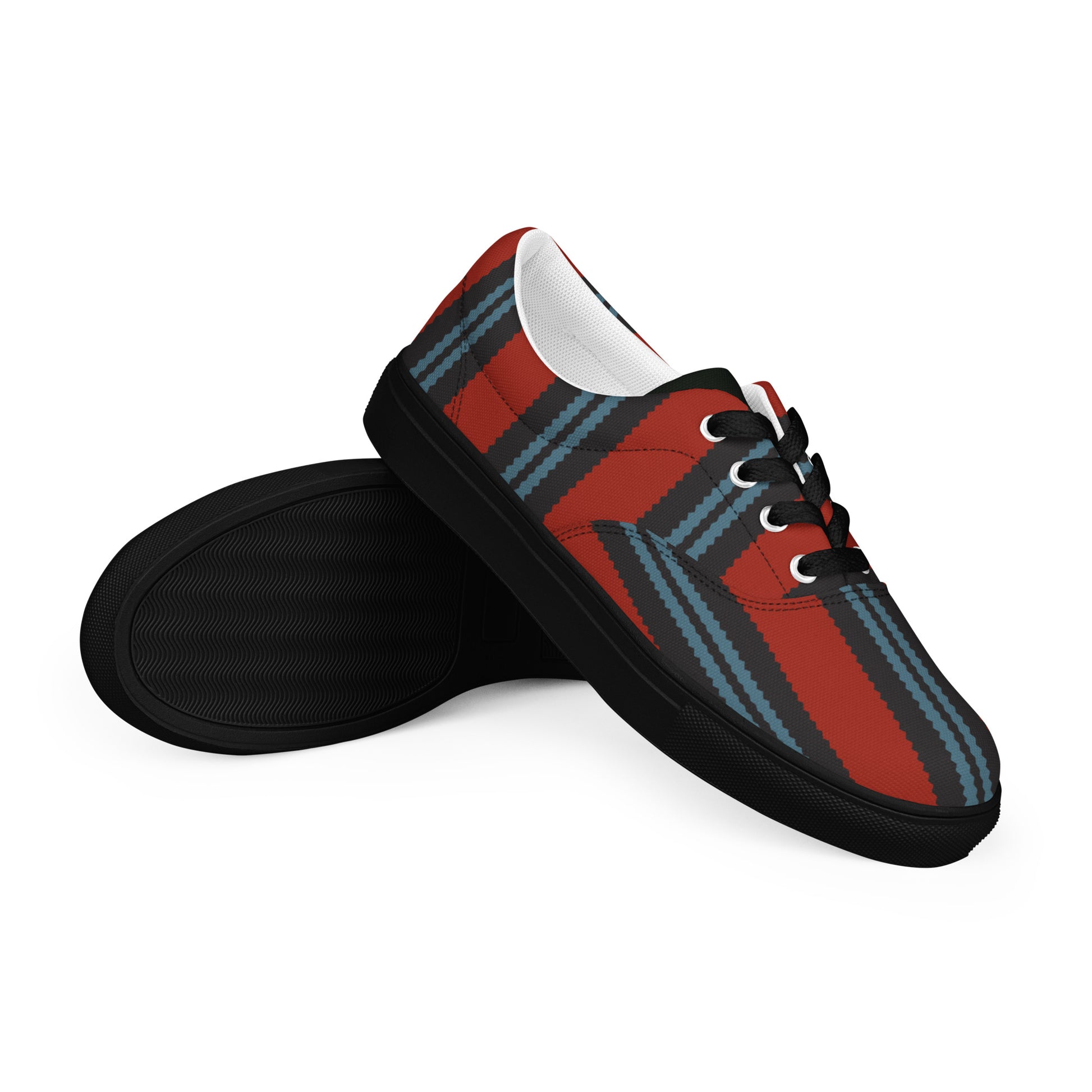 men’s canvas shoes with diagonal striped pattern and black sole on rust red background