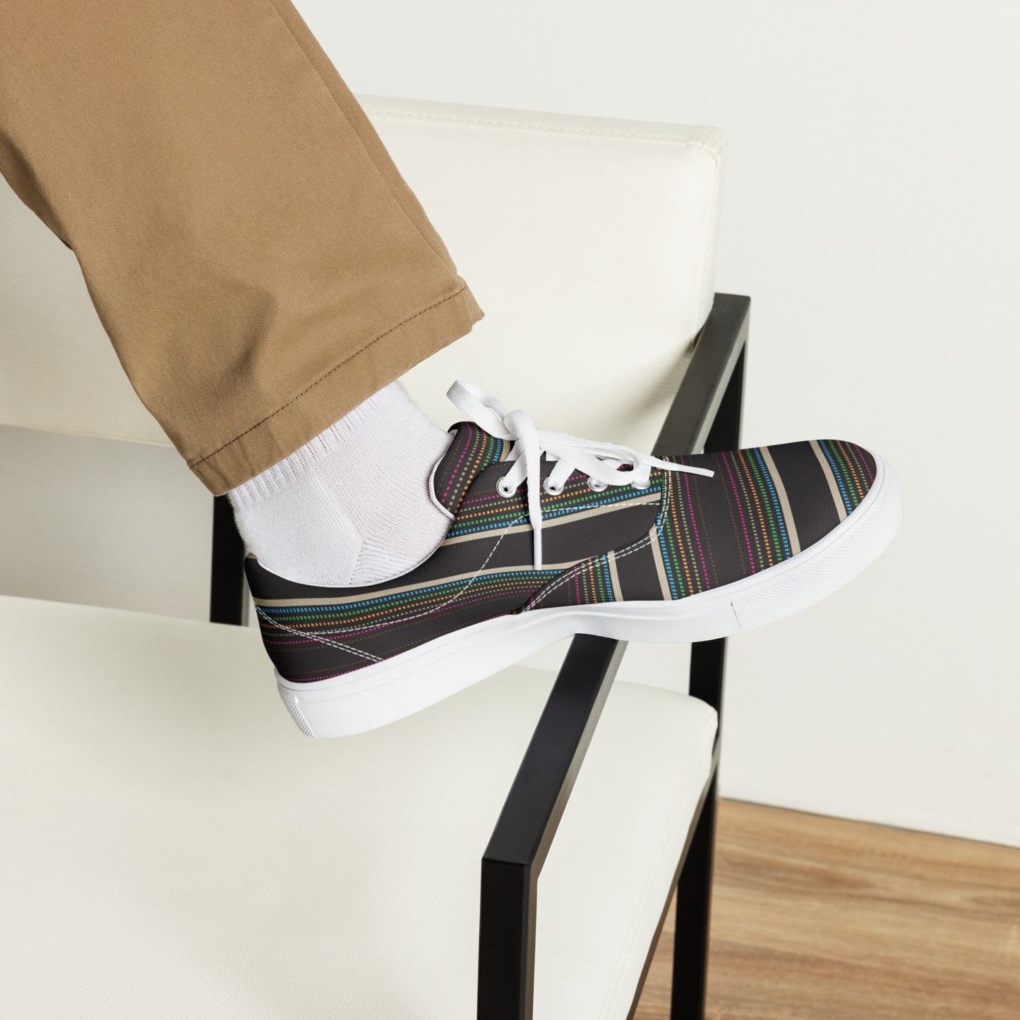men's casual lace-up shoes teal yellow red line pattern