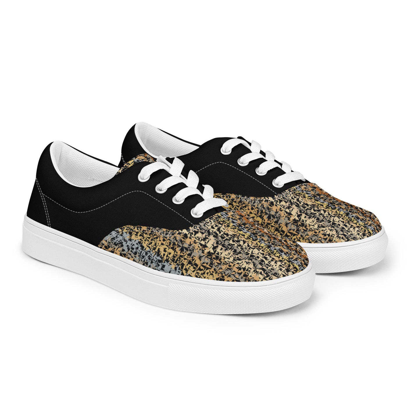 men’s lace-up canvas shoes with woven-style multitone texture and black upper, angled pair view