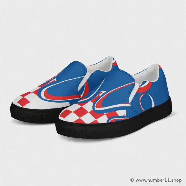 Blue Style Croatian patriotic women’s slip-on shoes with red, white and blue design rotating in a 360-degree product view Women’s