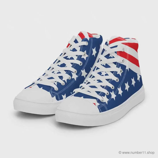 American patriotic women’s high-top sneakers with stars and stripes rotating in a smooth front and side product view