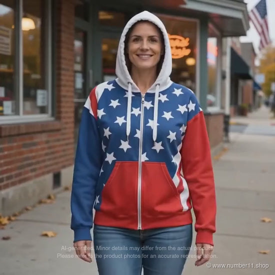 AI-generated video of a woman wearing a USA flag-inspired zip-up hoodie on an autumn street, ending with a close-up of the front.