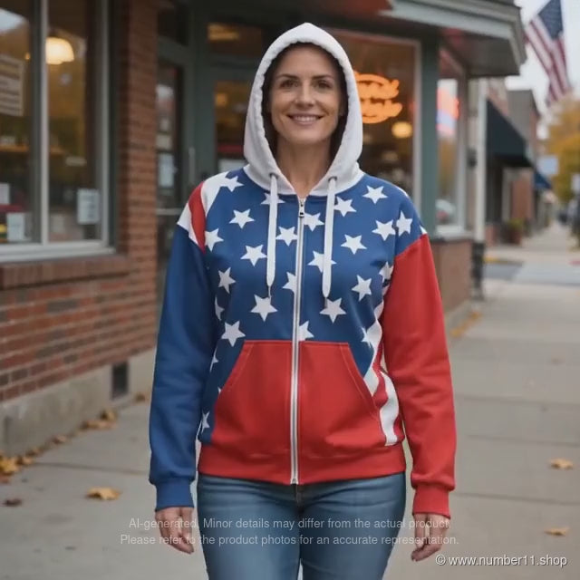 AI-generated video of a woman wearing a USA flag-inspired zip-up hoodie on an autumn street, ending with a close-up of the front.